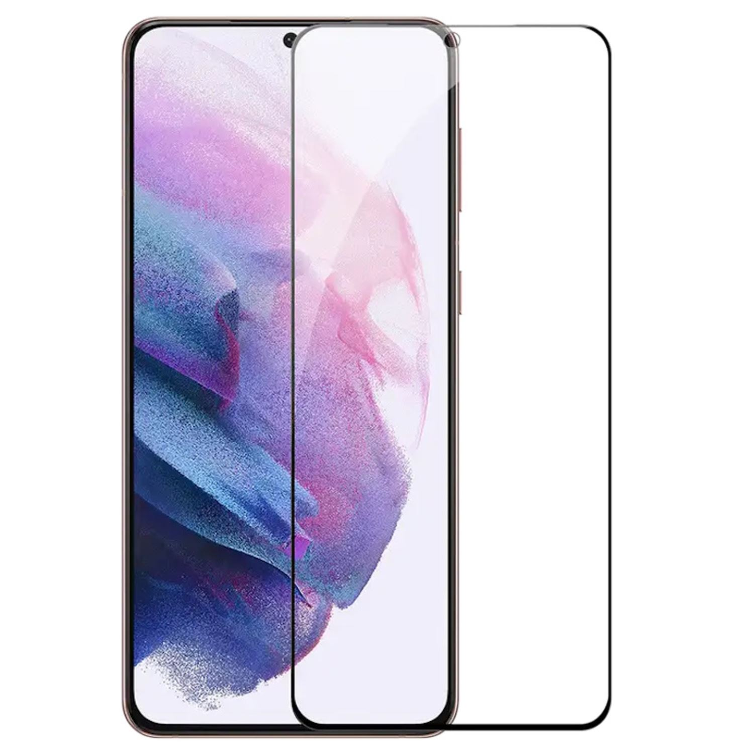Un smartphone con un protector de pantalla aplicado. La pantalla tiene un fondo rosa y morado.