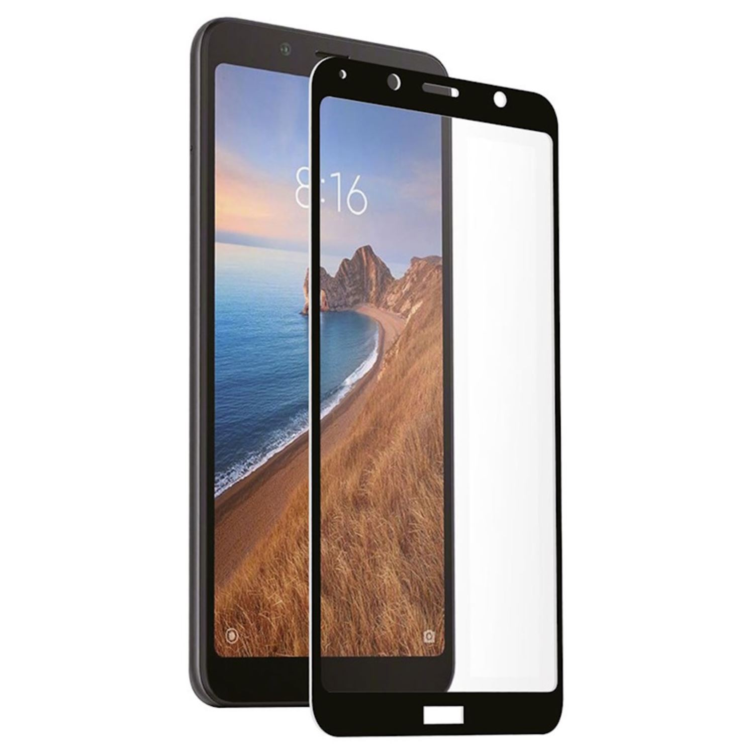 Smartphone con protector de pantalla. El teléfono muestra una escena de playa.