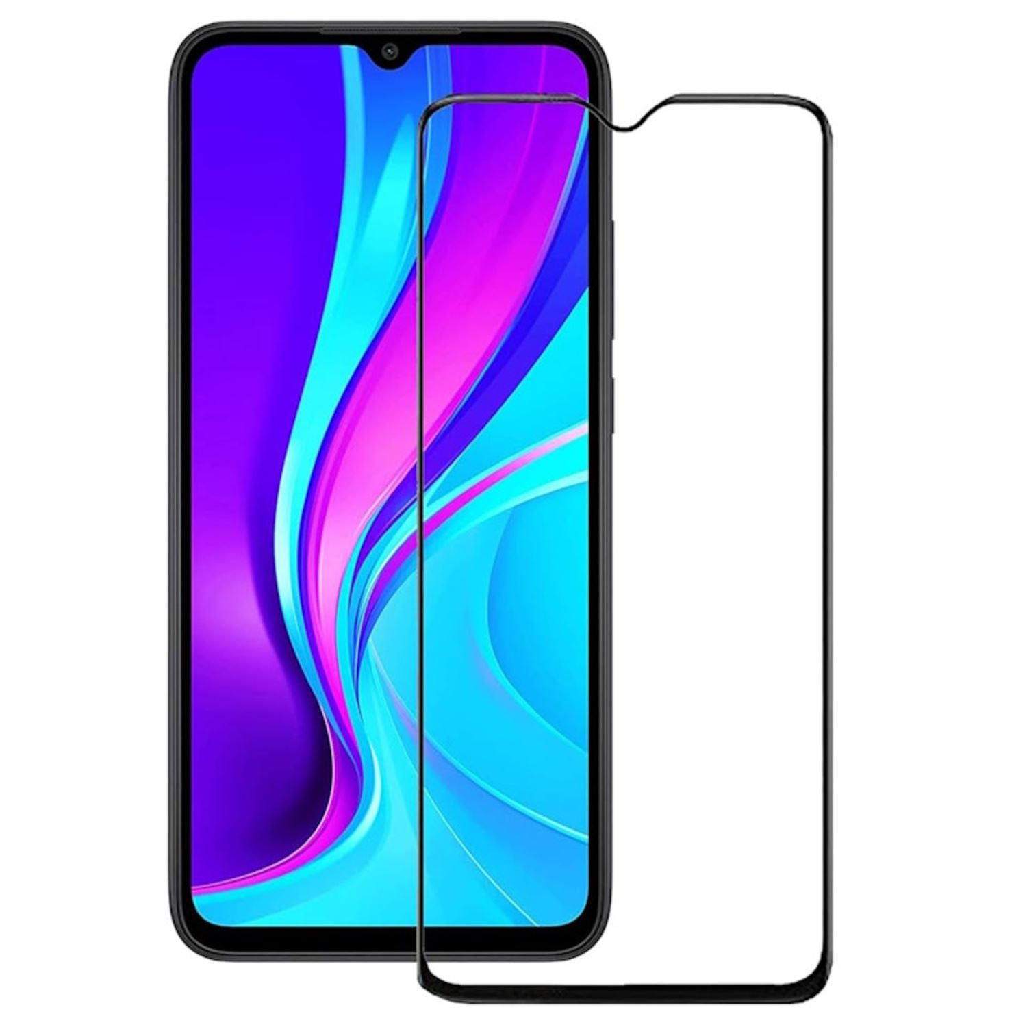 Smartphone con pantalla degradada azul, morada y blanca, con protector de pantalla de vidrio. Protector claro y teléfono visible.
