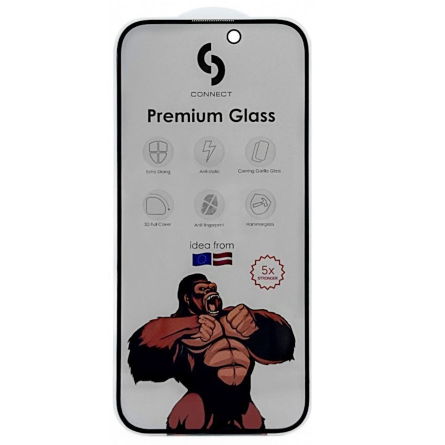 Un protector de pantalla para smartphone con una imagen de gorila y texto. El protector está contra un fondo blanco.