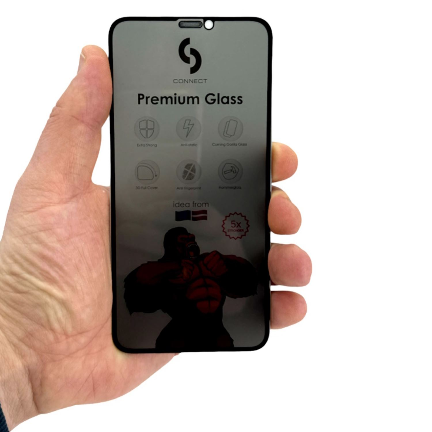 Mano sosteniendo un teléfono con protector de pantalla que muestra marca e imagen de gorila.