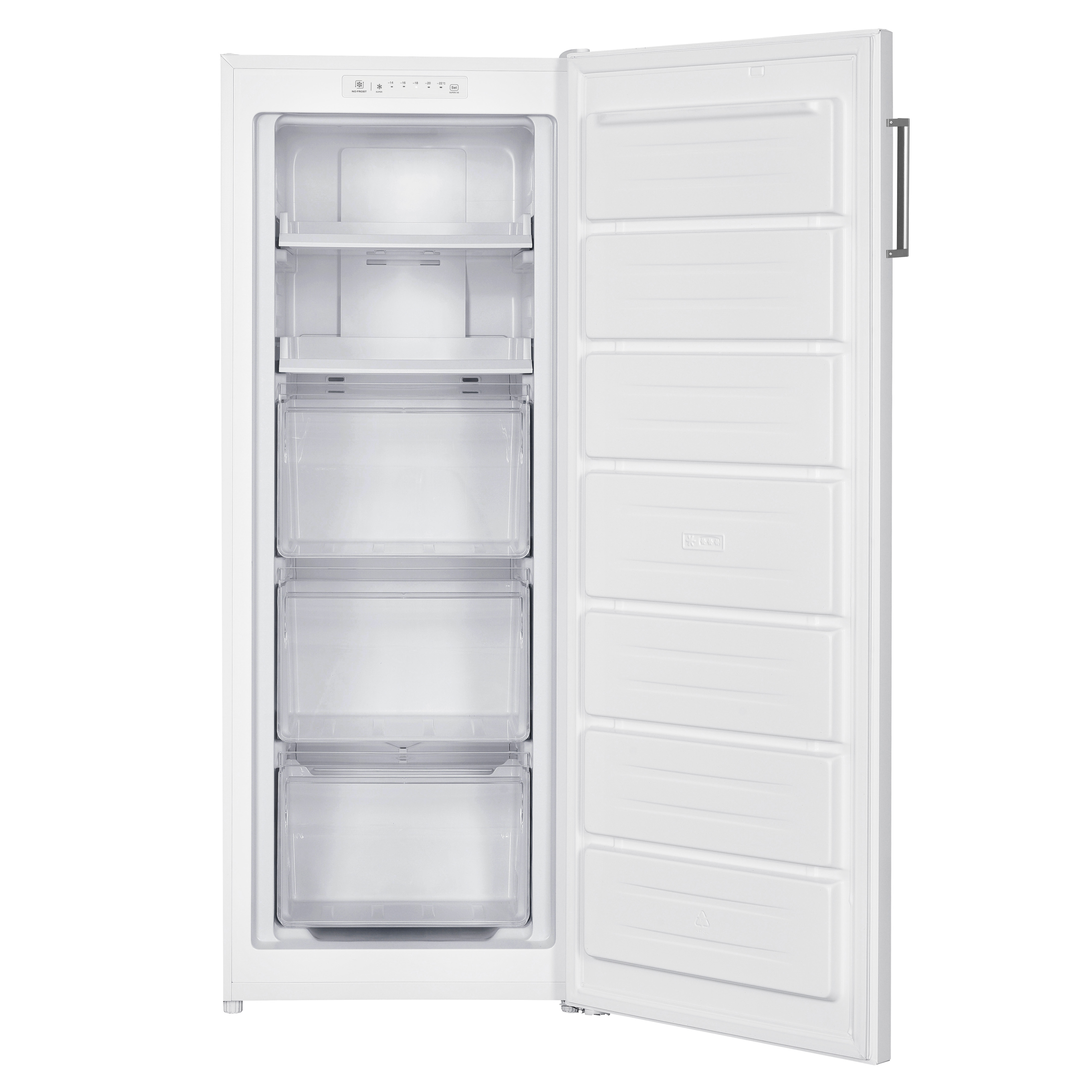 White refrigerator, door open. Shows shelves and drawers inside. White background.