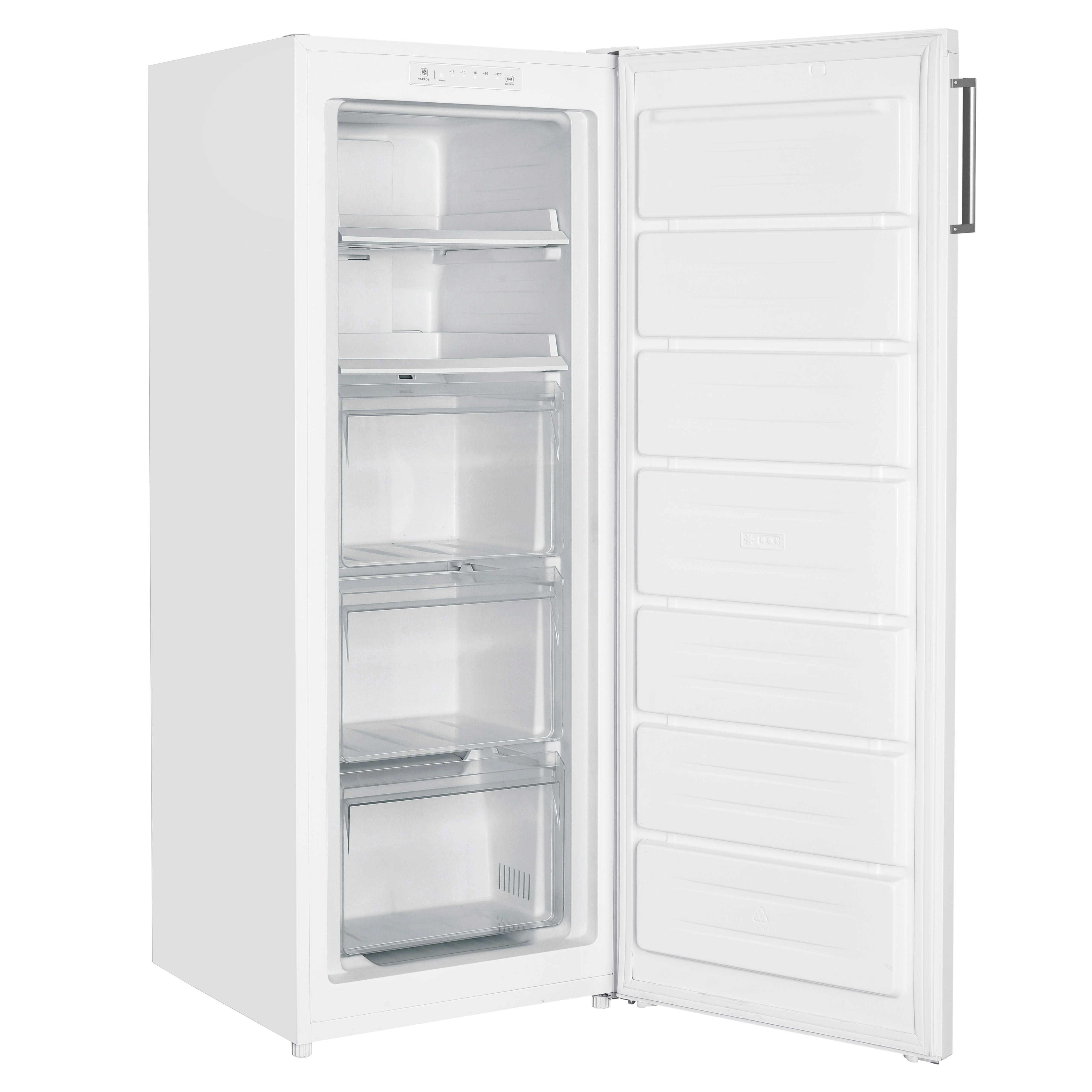White freezer. The door is open, showing shelves and drawers. White background.