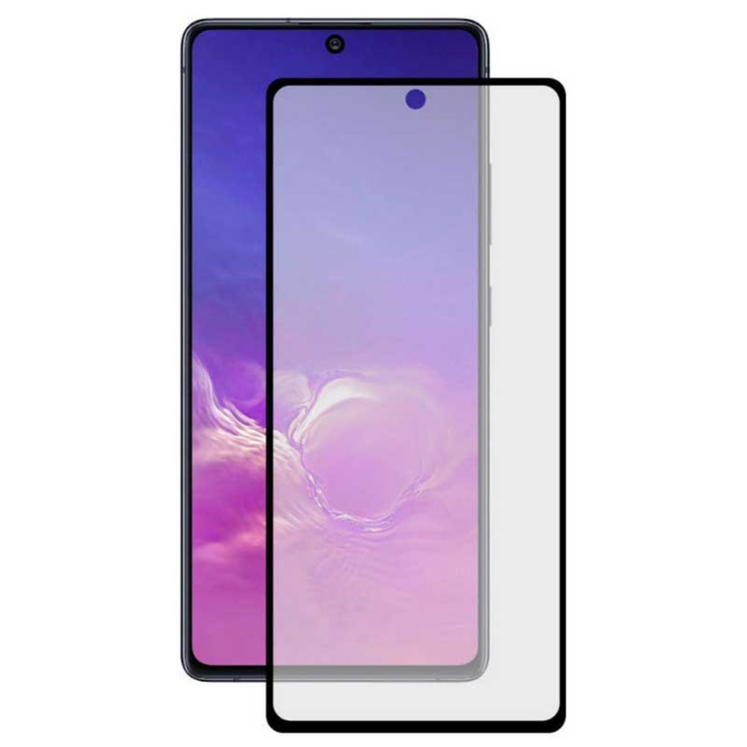 Un smartphone con protector de pantalla. El teléfono muestra un degradado púrpura. El protector es claro.
