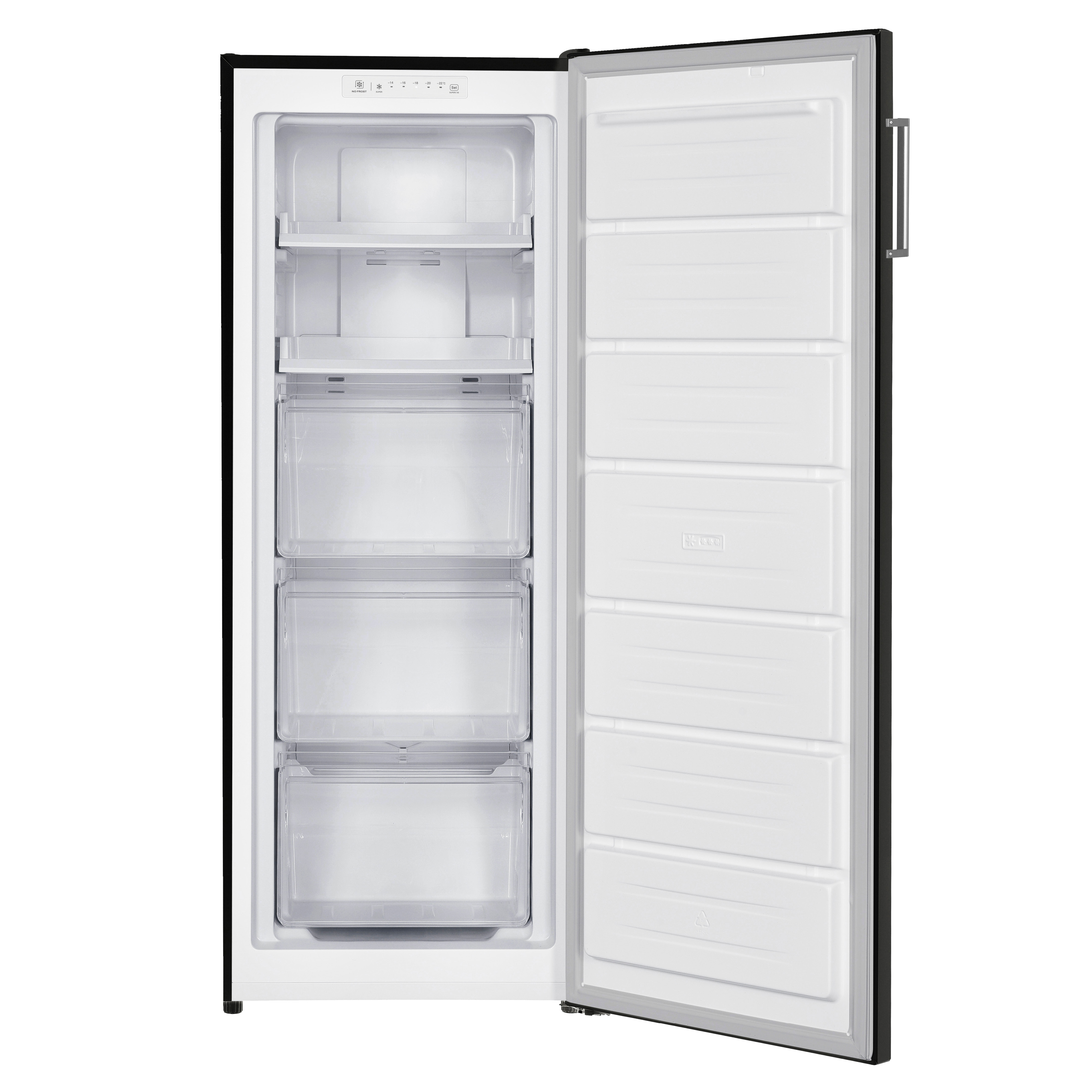 A tall black freezer with an open door revealing shelves and drawers, on a white background.