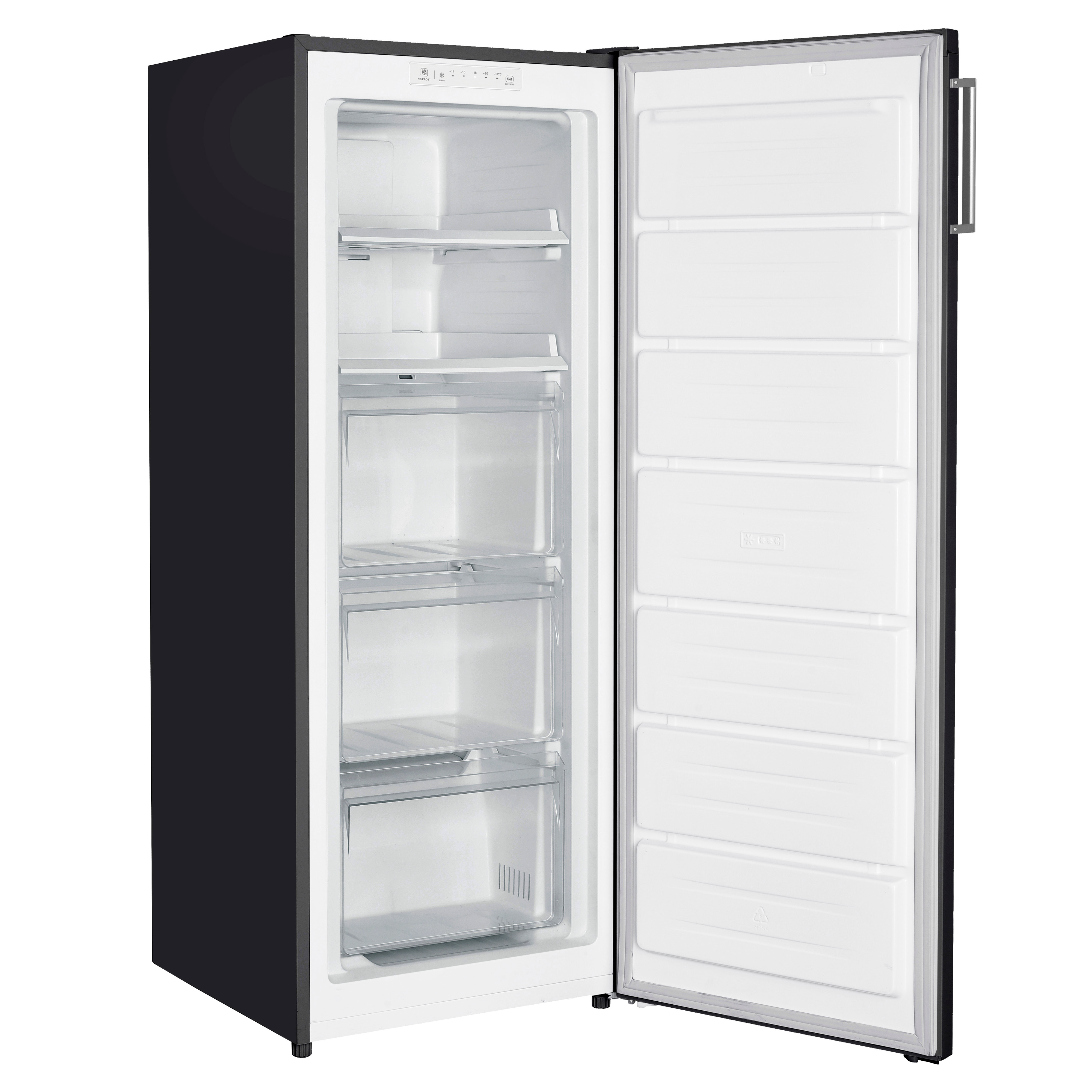 Black freezer with open door. It has shelves and transparent drawers inside, on a white background.