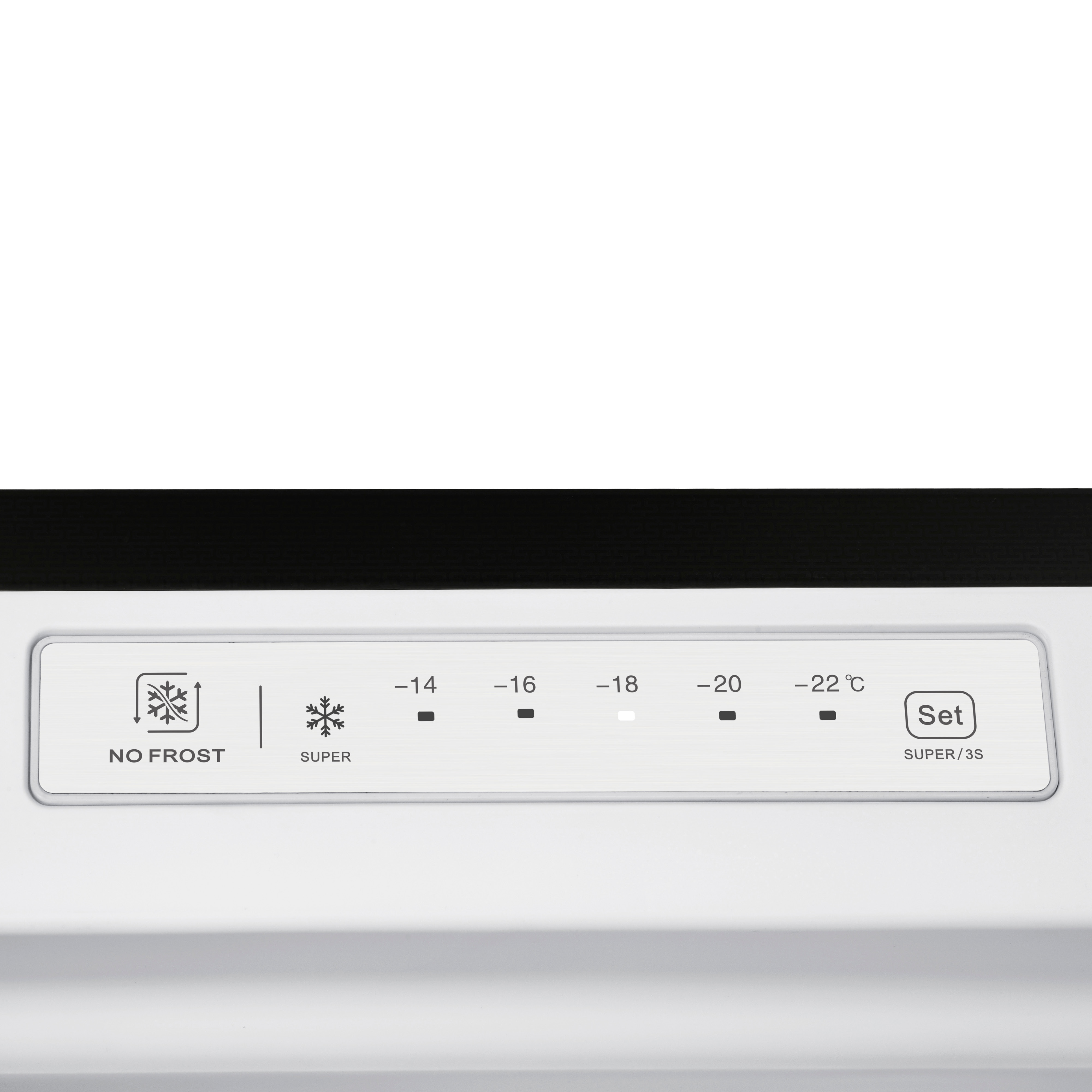 Refrigerator control panel with temperature settings and functions. White background, black border.