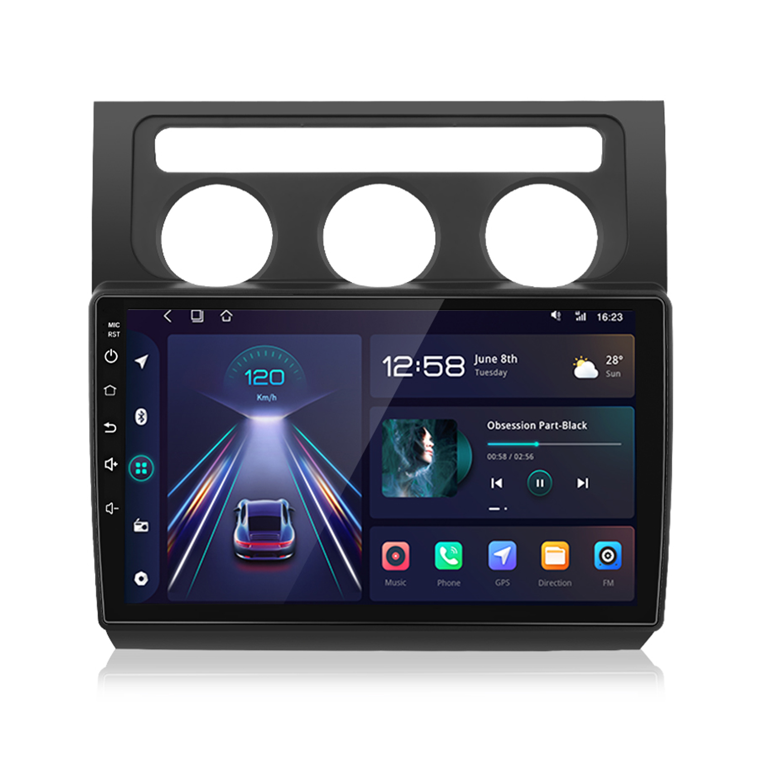 Auto-Multimedia-System mit Bildschirm, der eine Autoschnittstelle, einen digitalen Tachometer und Musiksteuerung anzeigt.