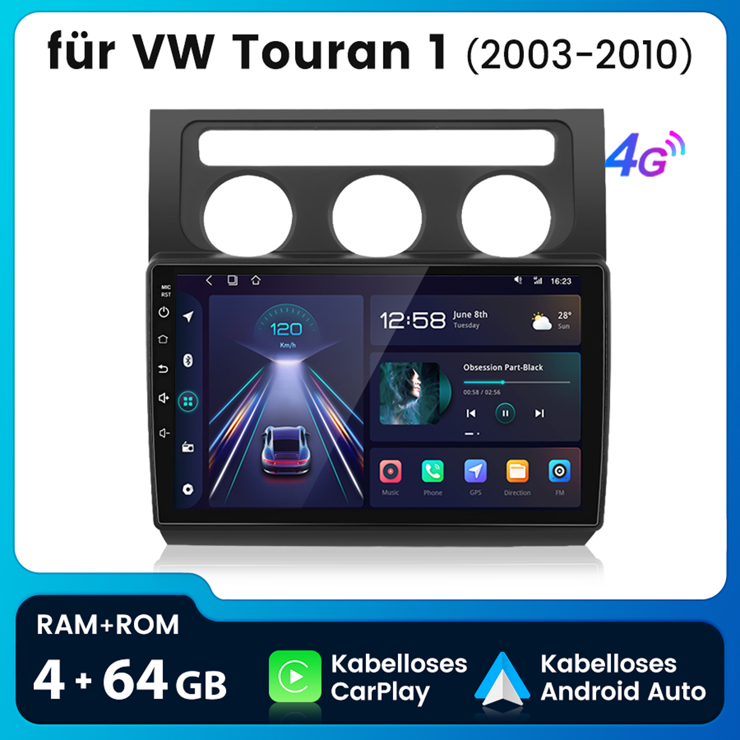 Auto-Multimediasystem. Bildschirm zeigt Navigation und Musiksteuerung. Funktionen: 4G, CarPlay, Android Auto.