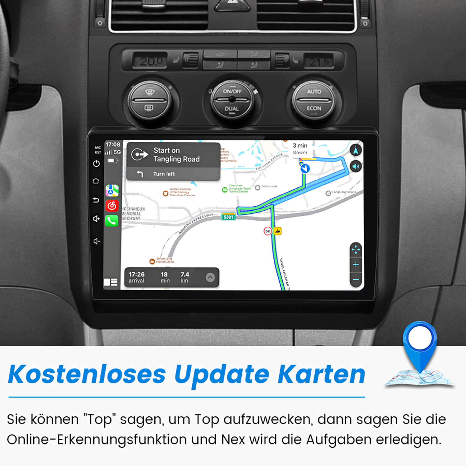 Auto-Armaturenbrett mit Navigationsbildschirm, der eine Karte zeigt. Anweisungen und Schaltflächen sind sichtbar.