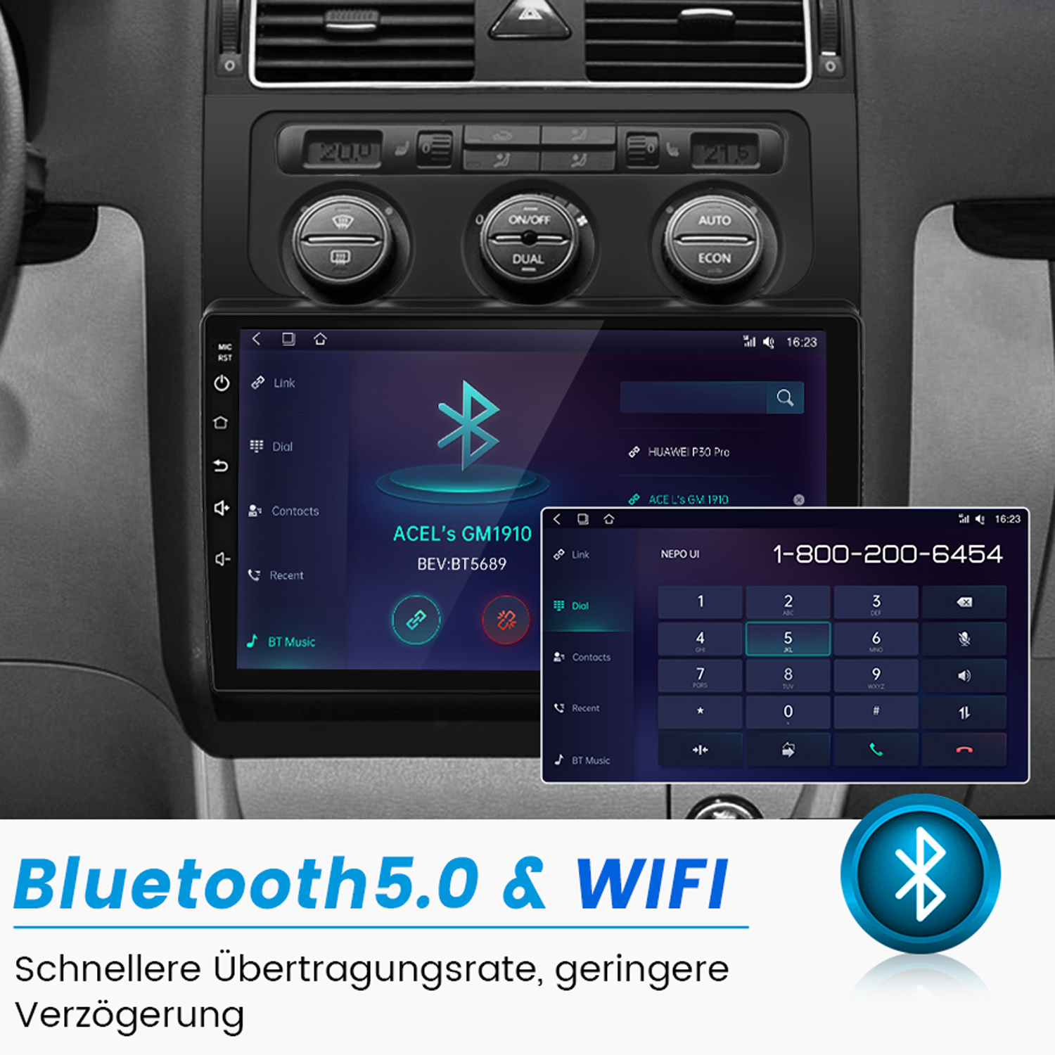 Autoradio-Bildschirm, der eine Telefonoberfläche und eine Karte zeigt. Bluetooth- und WLAN-Logos.
