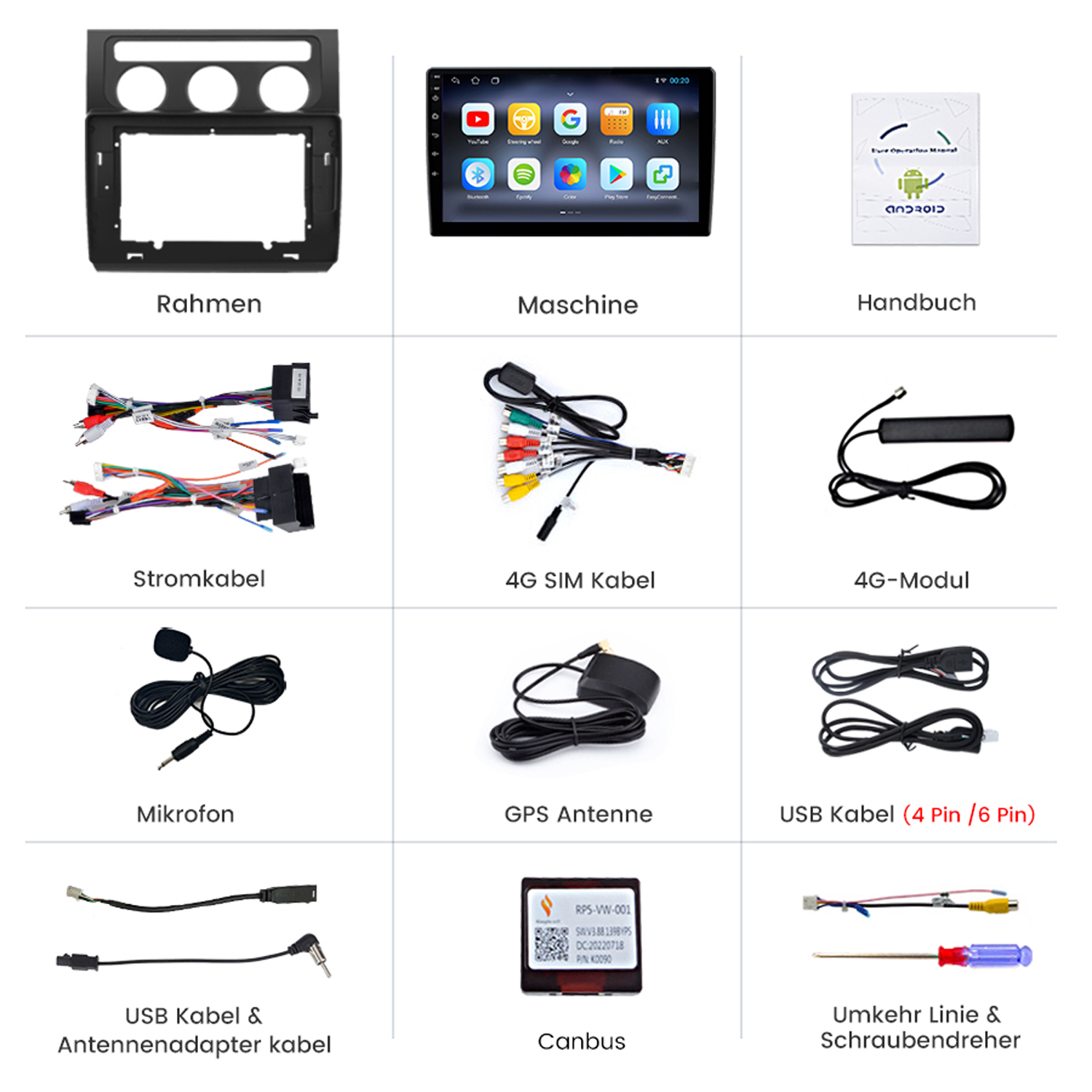 Verschiedene Auto-Stereo-Komponenten. Enthält Rahmen, Maschine, Handbuch, Kabel, Antenne und Werkzeuge.