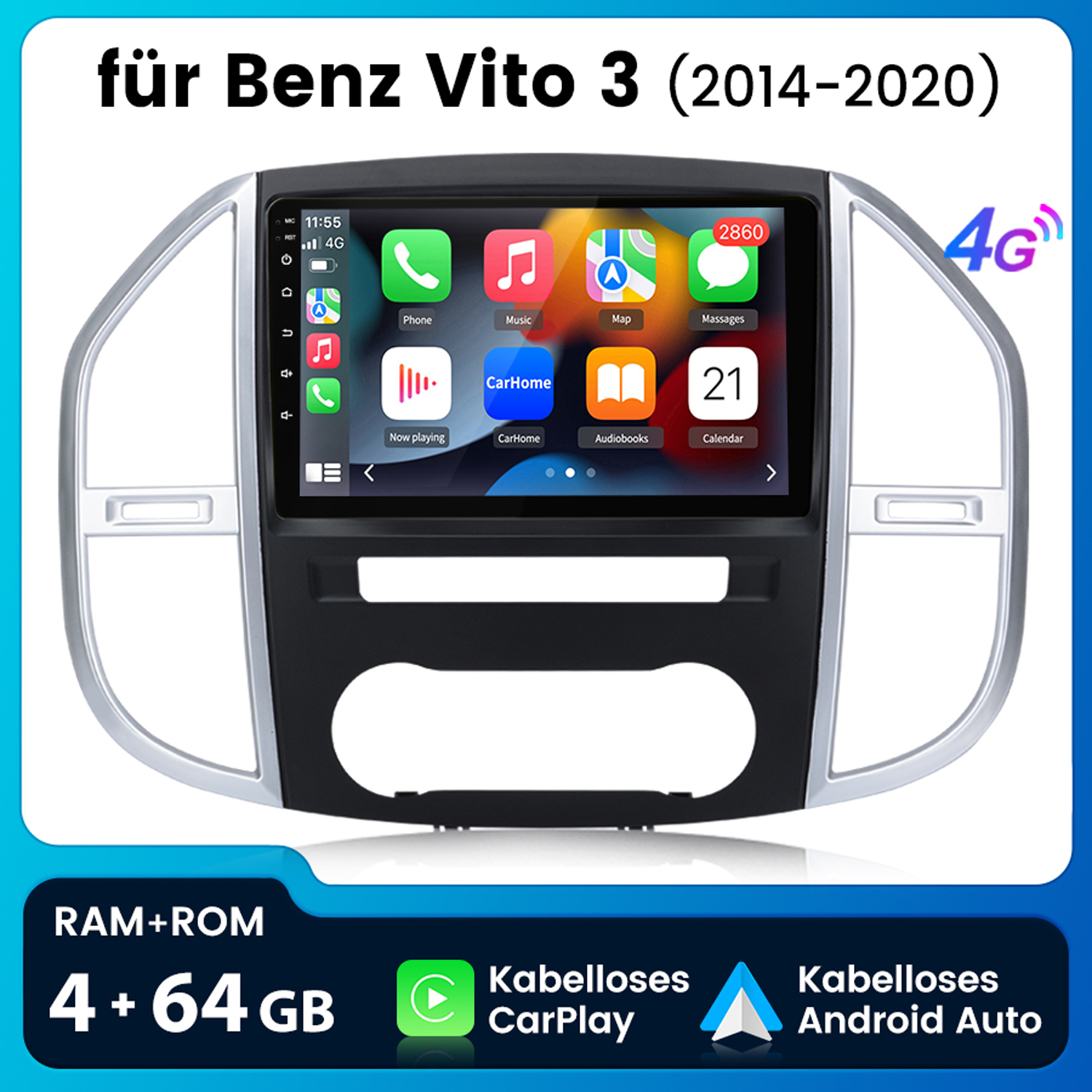 Car-Multimedia-System mit Bildschirm, der App-Symbole zeigt. Text: für Benz Vito 3 (2014-2020).