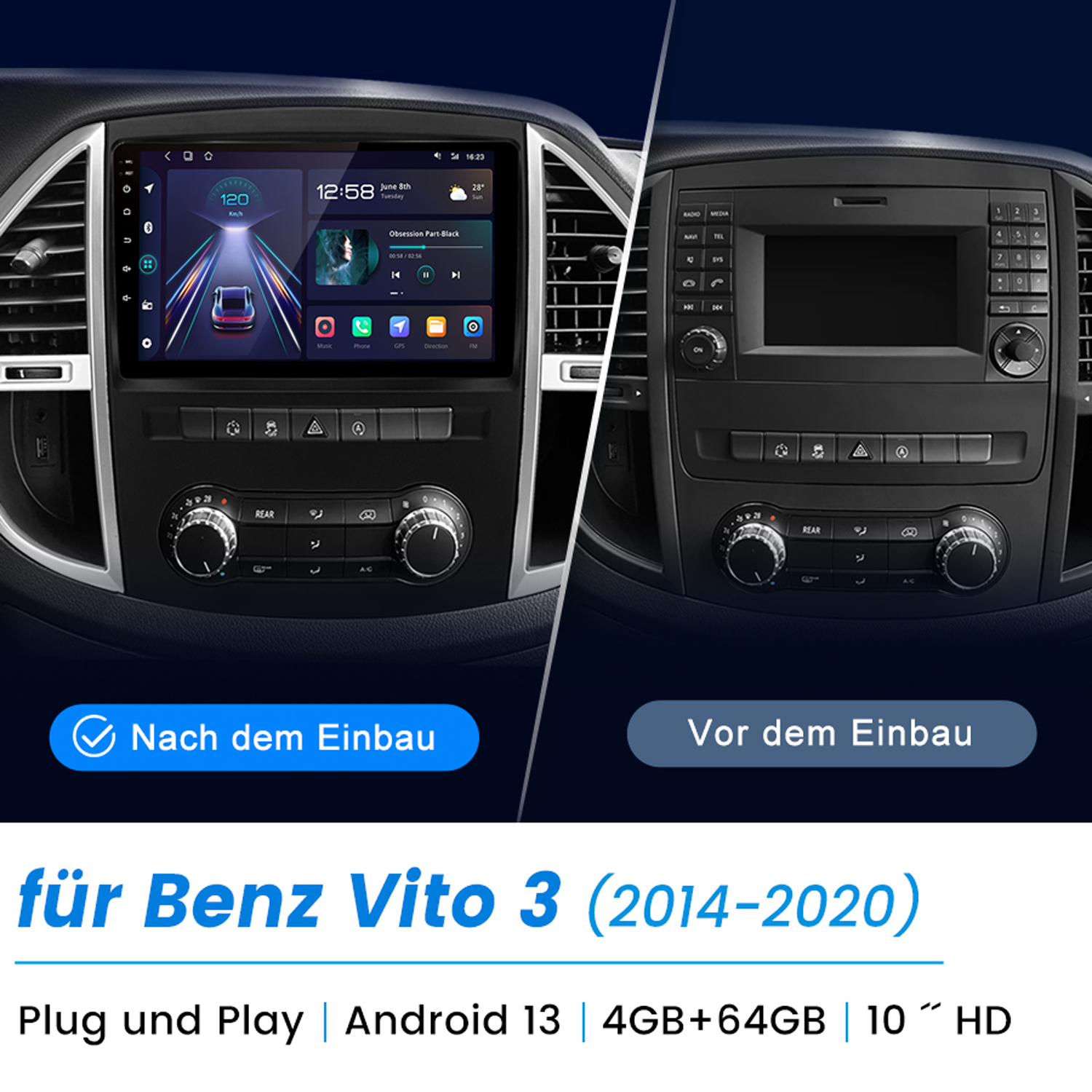 Autoinstrumententafel-Vergleich: Vor und nach der Installation eines Multimediasystems für einen Benz Vito 3 (2014-2020).