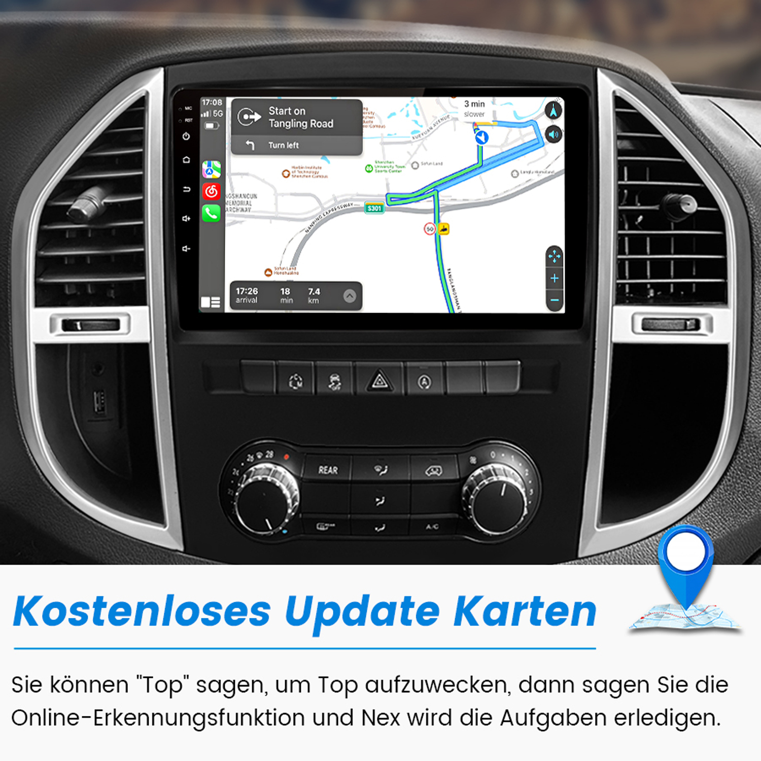Auto-Armaturenbrett mit GPS-Navigation. Text: Kostenlose Update-Karten. Anweisungen auf dem Bildschirm.