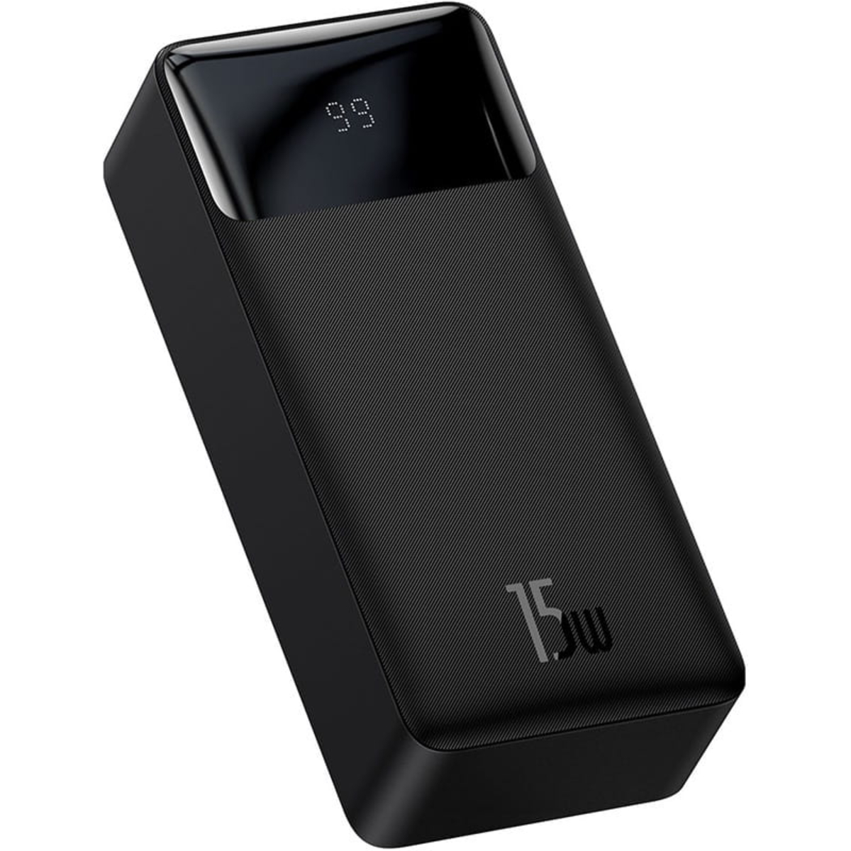 Power bank nera con display che mostra 99. Superficie strutturata e segno 15W.