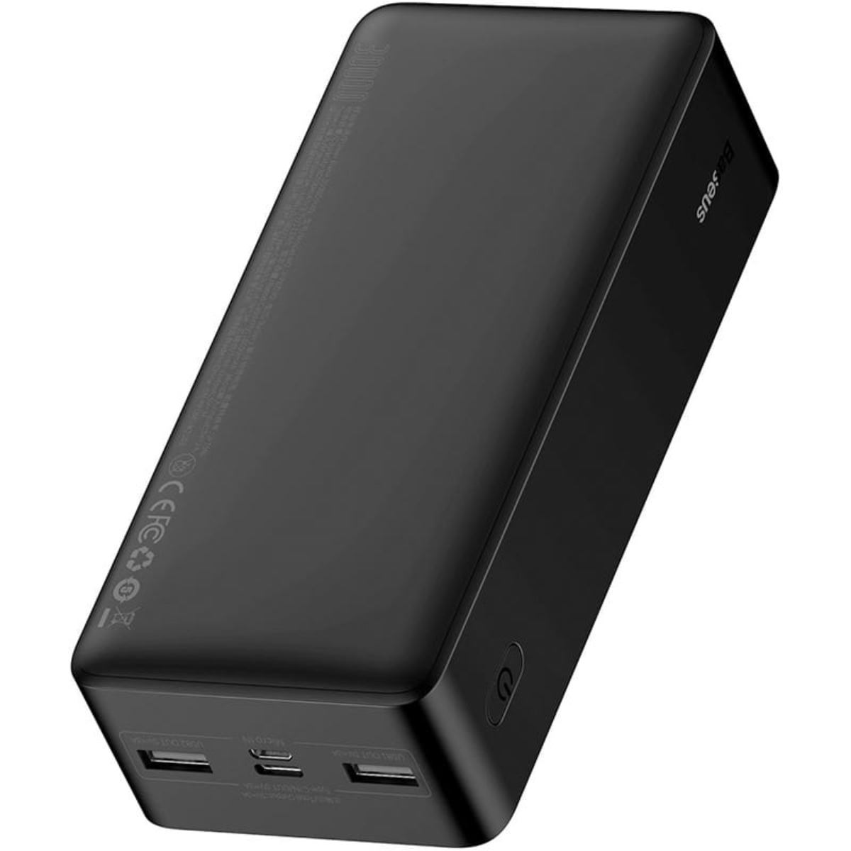 Un power bank nero con più porte USB e un pulsante di accensione. Ha il marchio 'Baseus'.