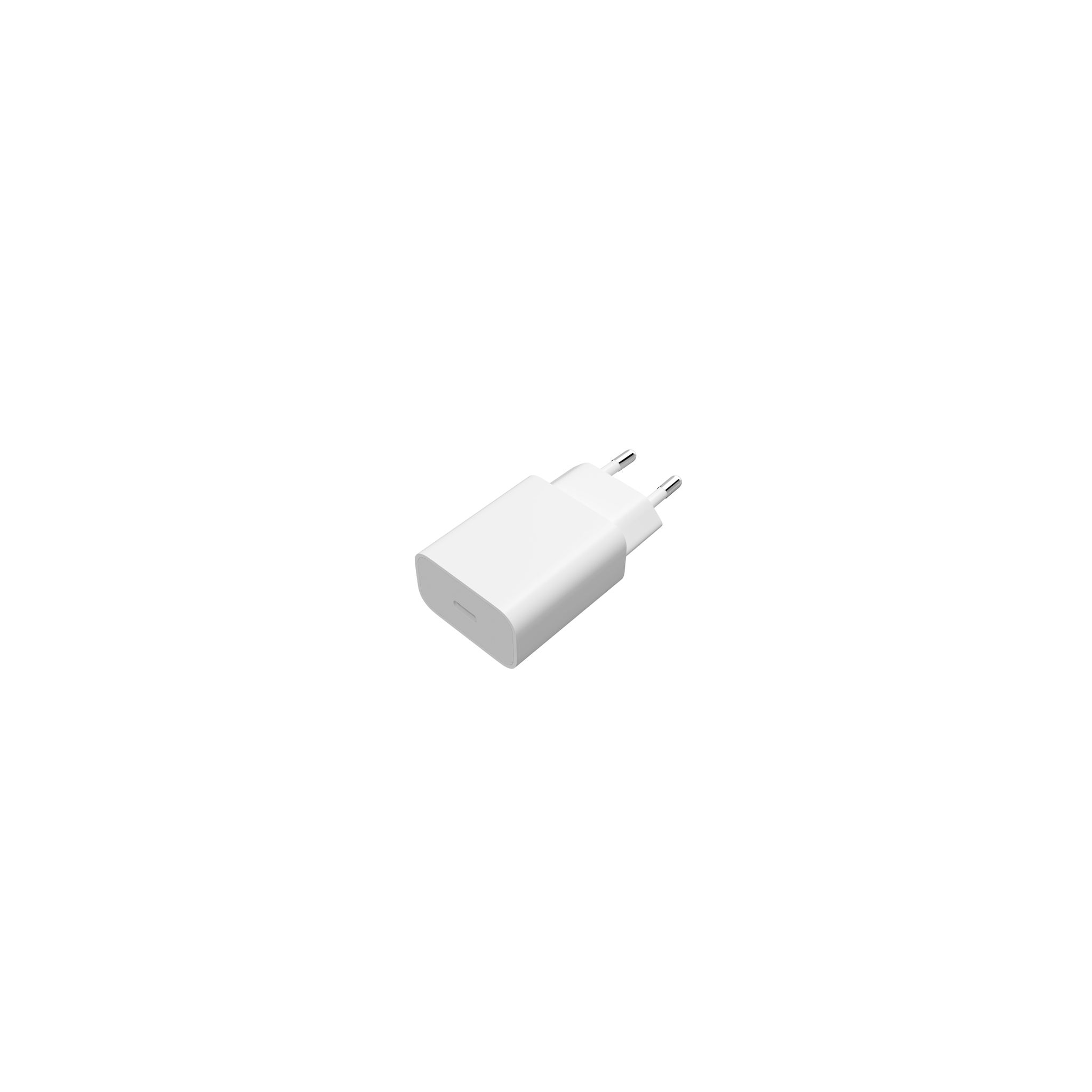 Biała, prostokątna ładowarka USB z dwoma bolcami. Na gładkim białym tle.