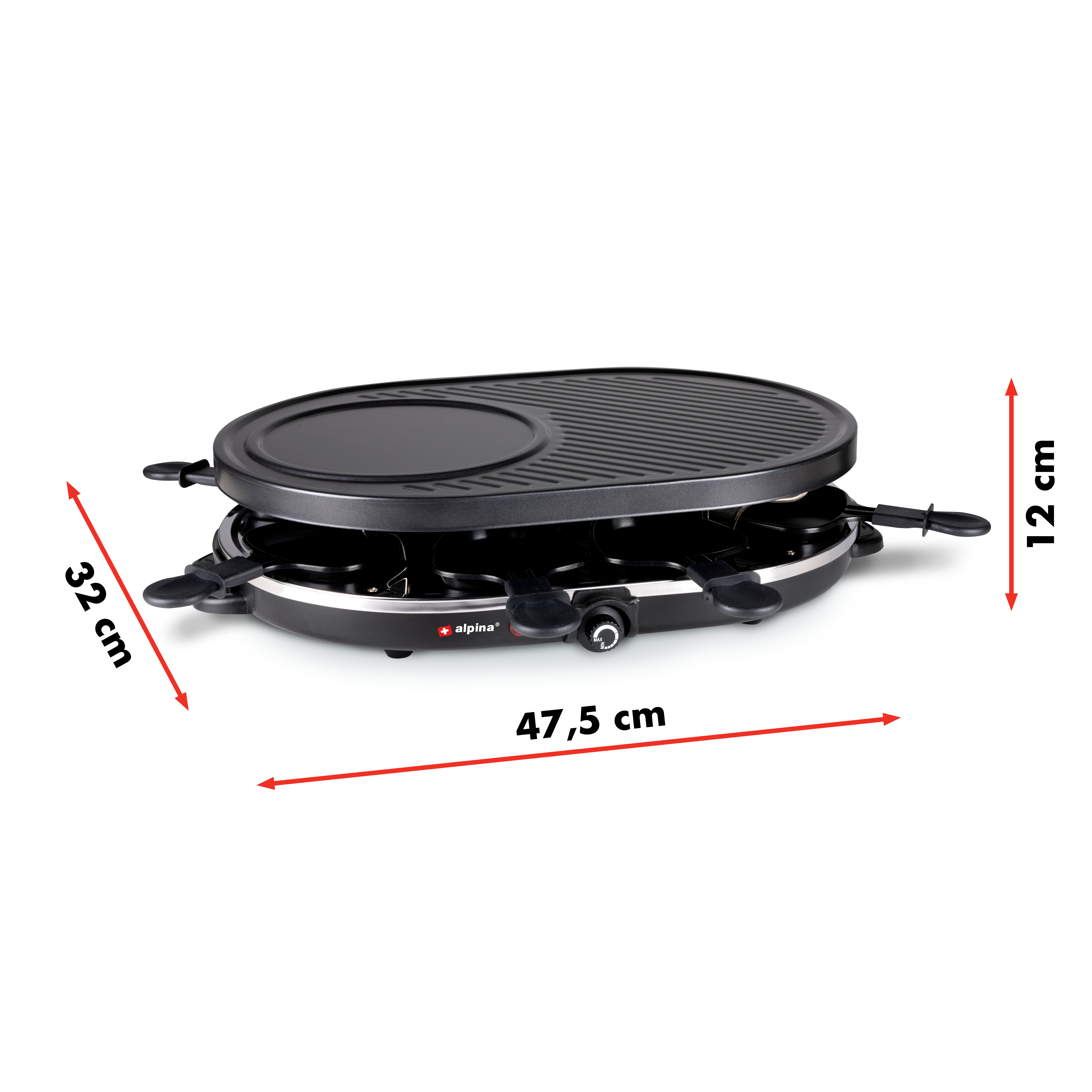 Raclette-Grill, Draufsicht. Schwarzer Grill mit Griffen und Maßen auf weißem Hintergrund.