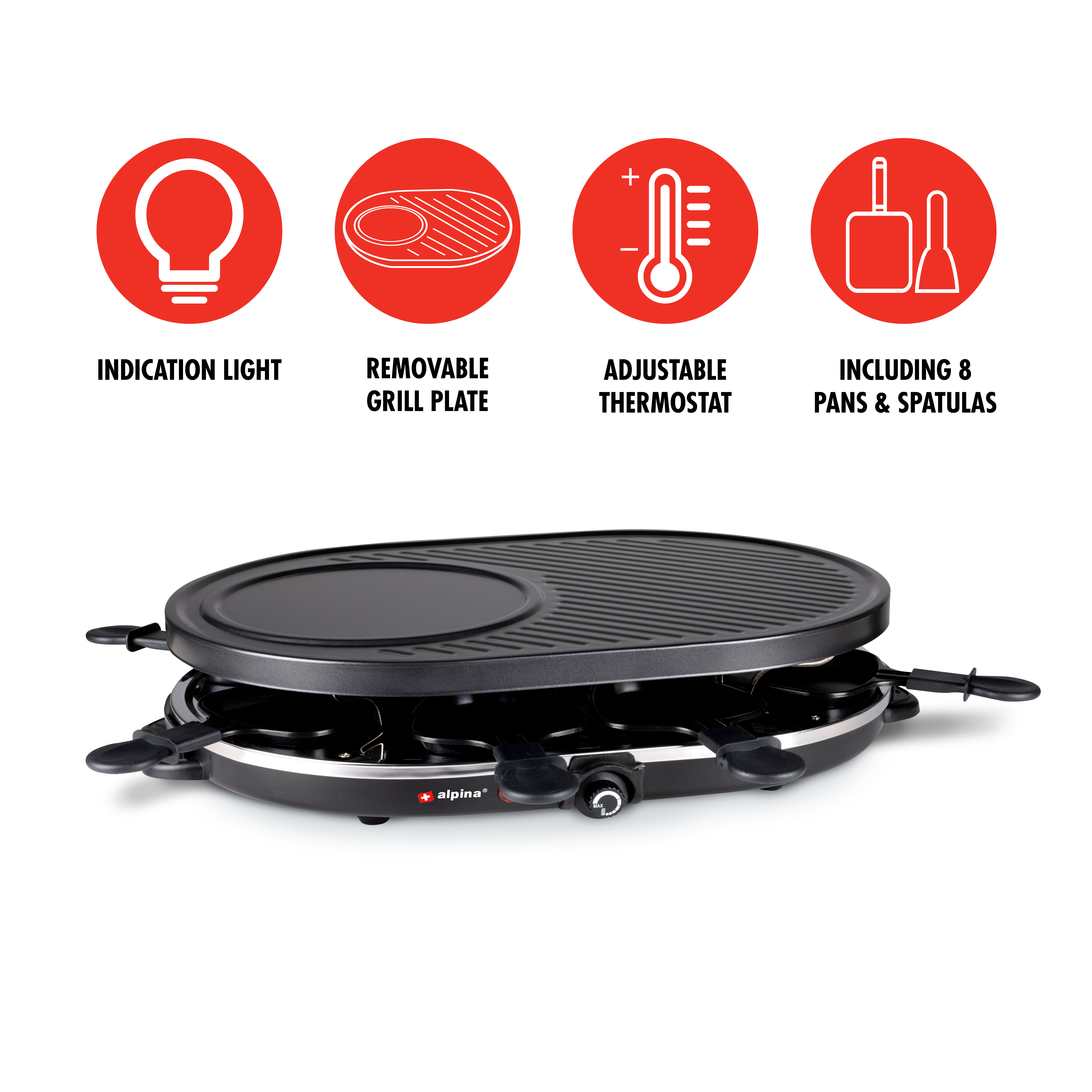 Schwarzer Raclette-Grill mit vier Funktionssymbolen. Enthält Grillplatte, Thermostat, Licht und Pfannen.