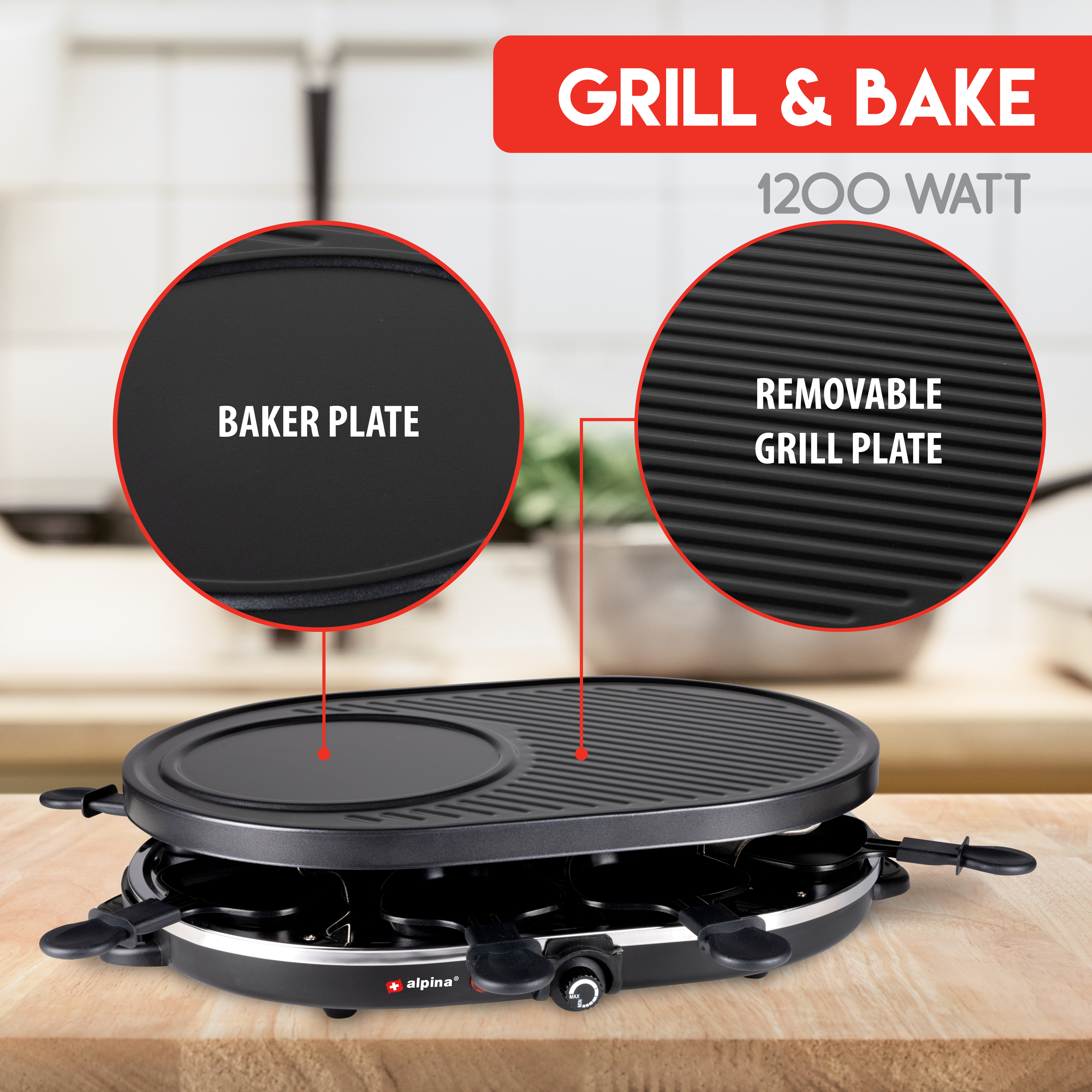 Ein schwarzes Grill- und Backgerät mit Text und Beschriftungen auf einem Holztisch.
