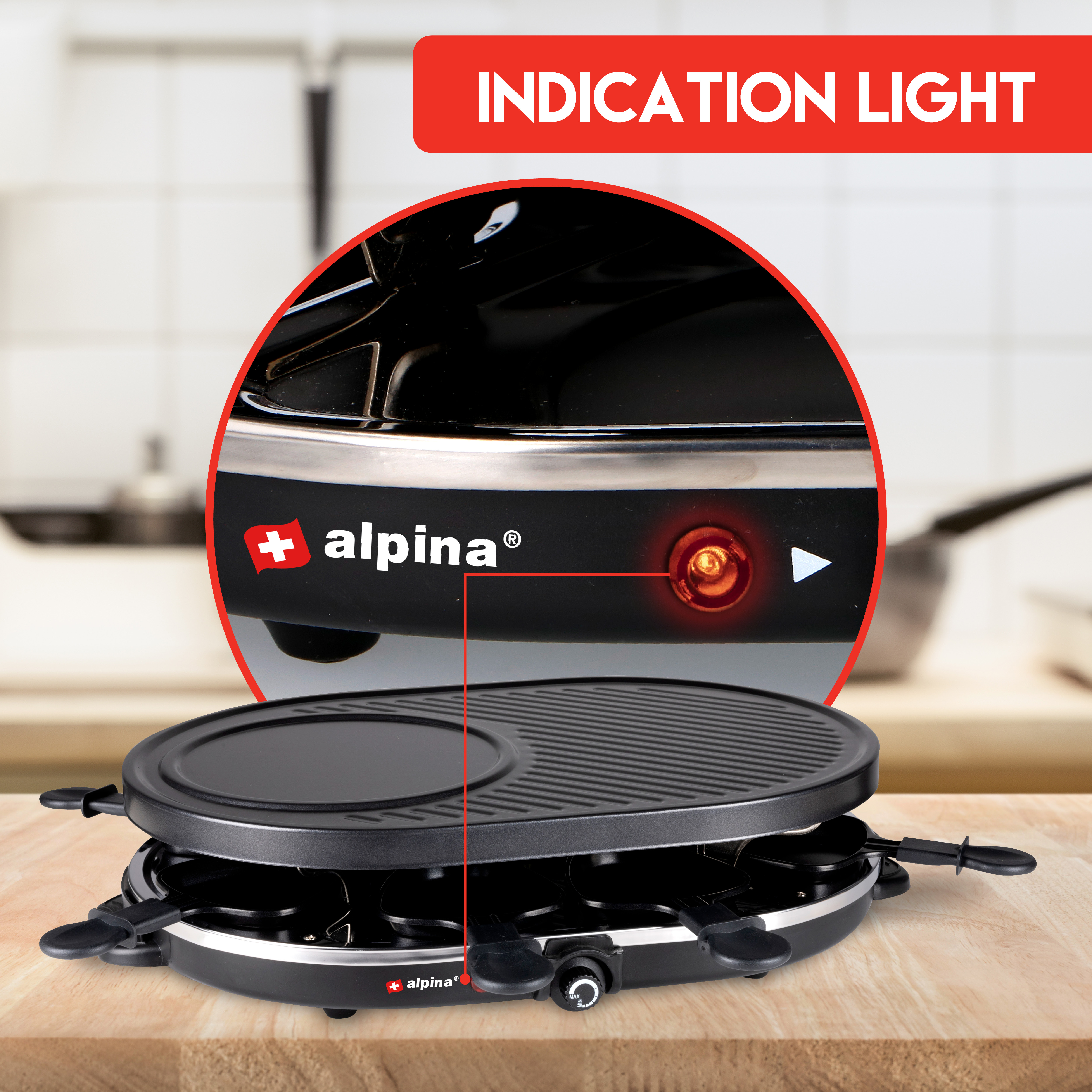 Raclette-Grill mit roter Kontrollleuchte.