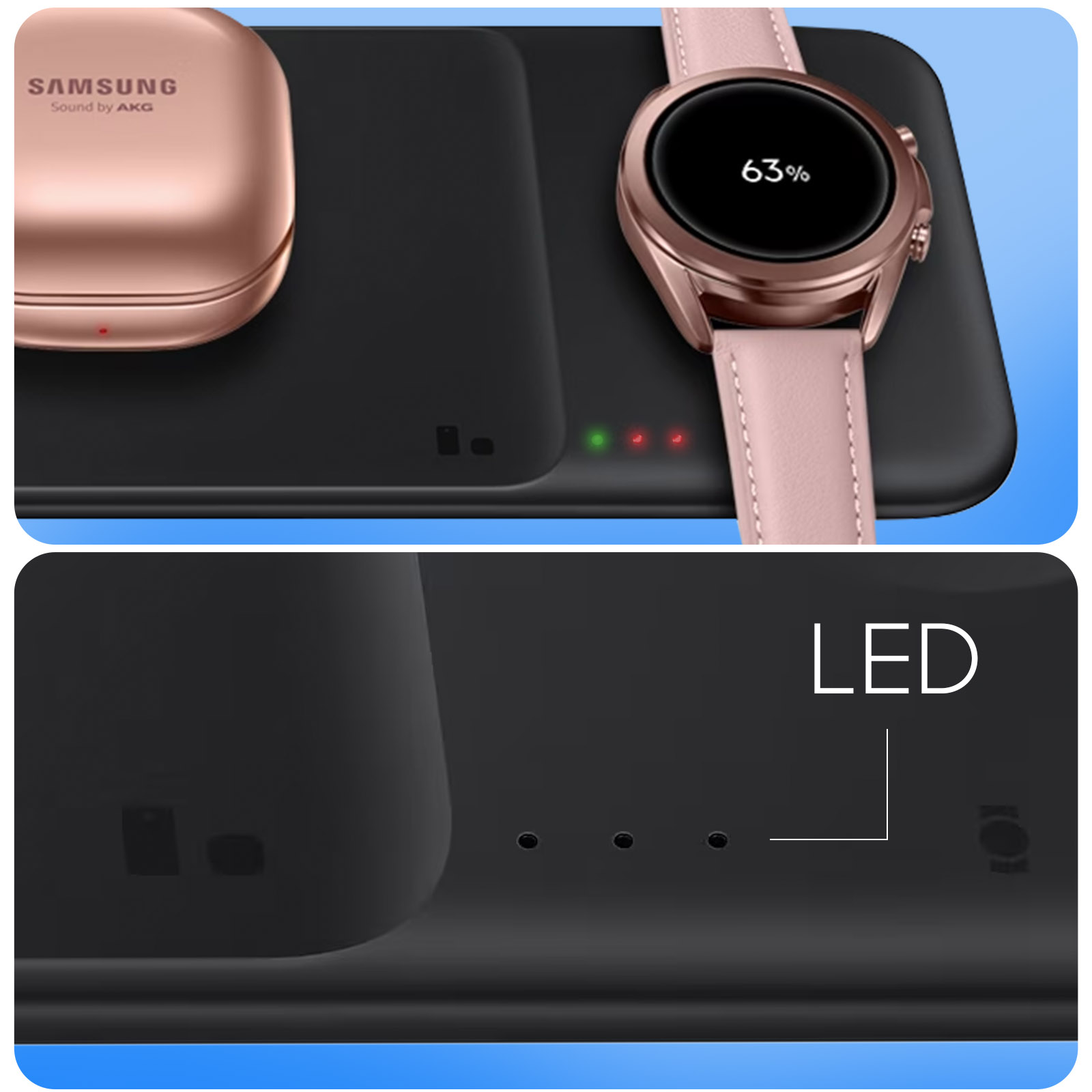 Ładowarka bezprzewodowa ze smartwatchem i słuchawkami, pokazująca wskaźniki LED.