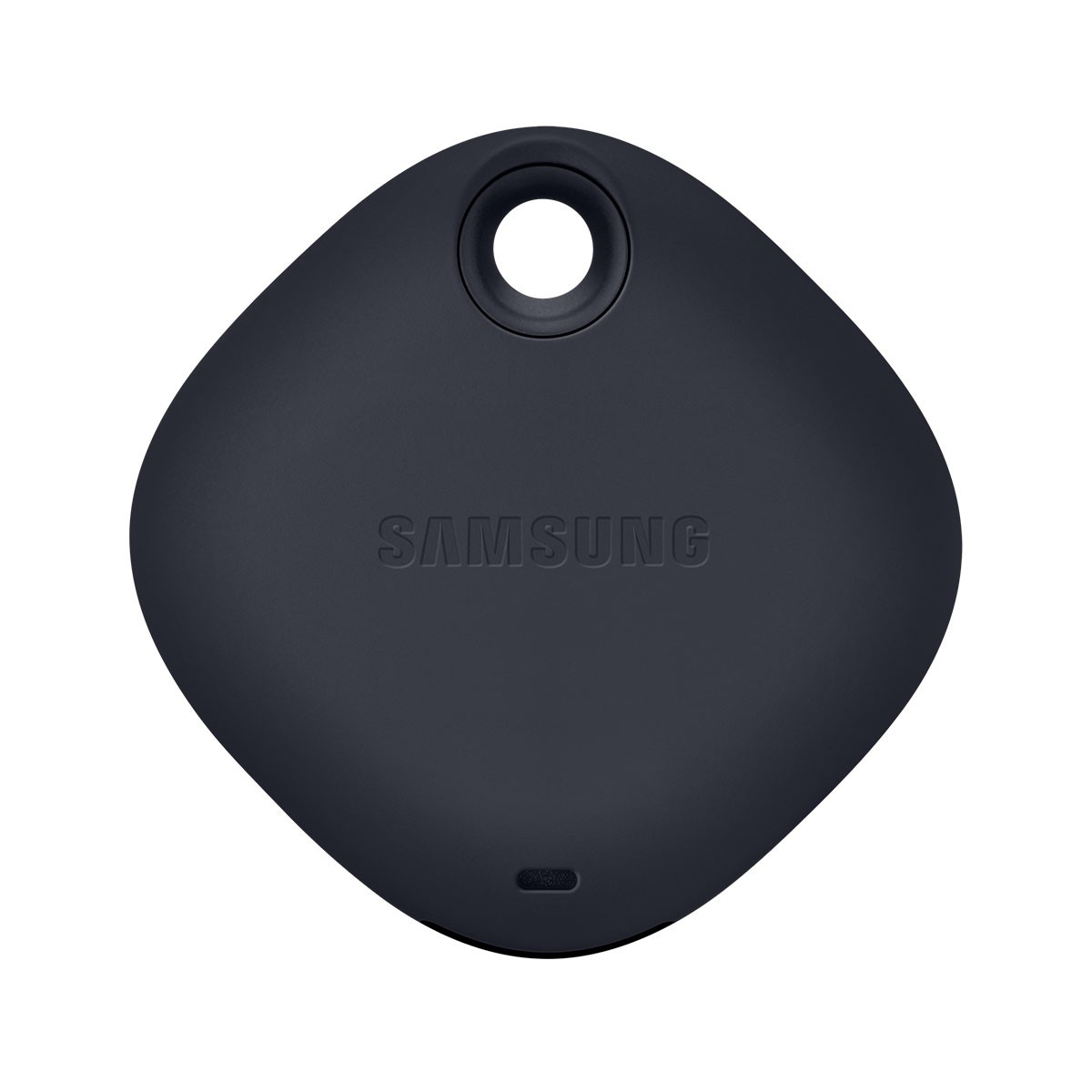 Czarny, diamentowy lokalizator Samsung z otworem u góry i wytłoczonym logo marki.