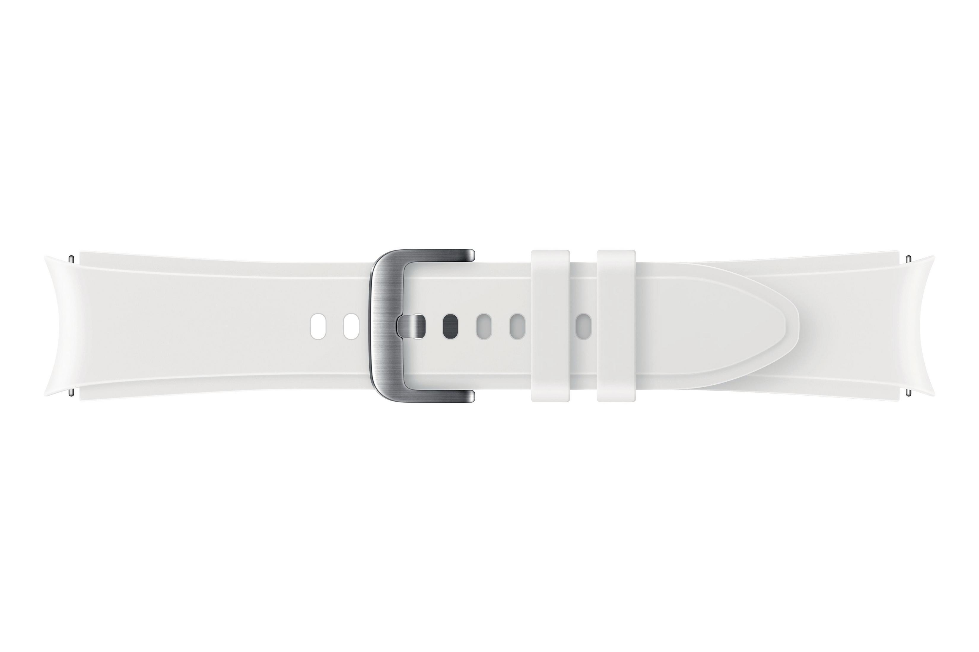 Correa de reloj blanca con hebilla plateada. La correa tiene forma curva.