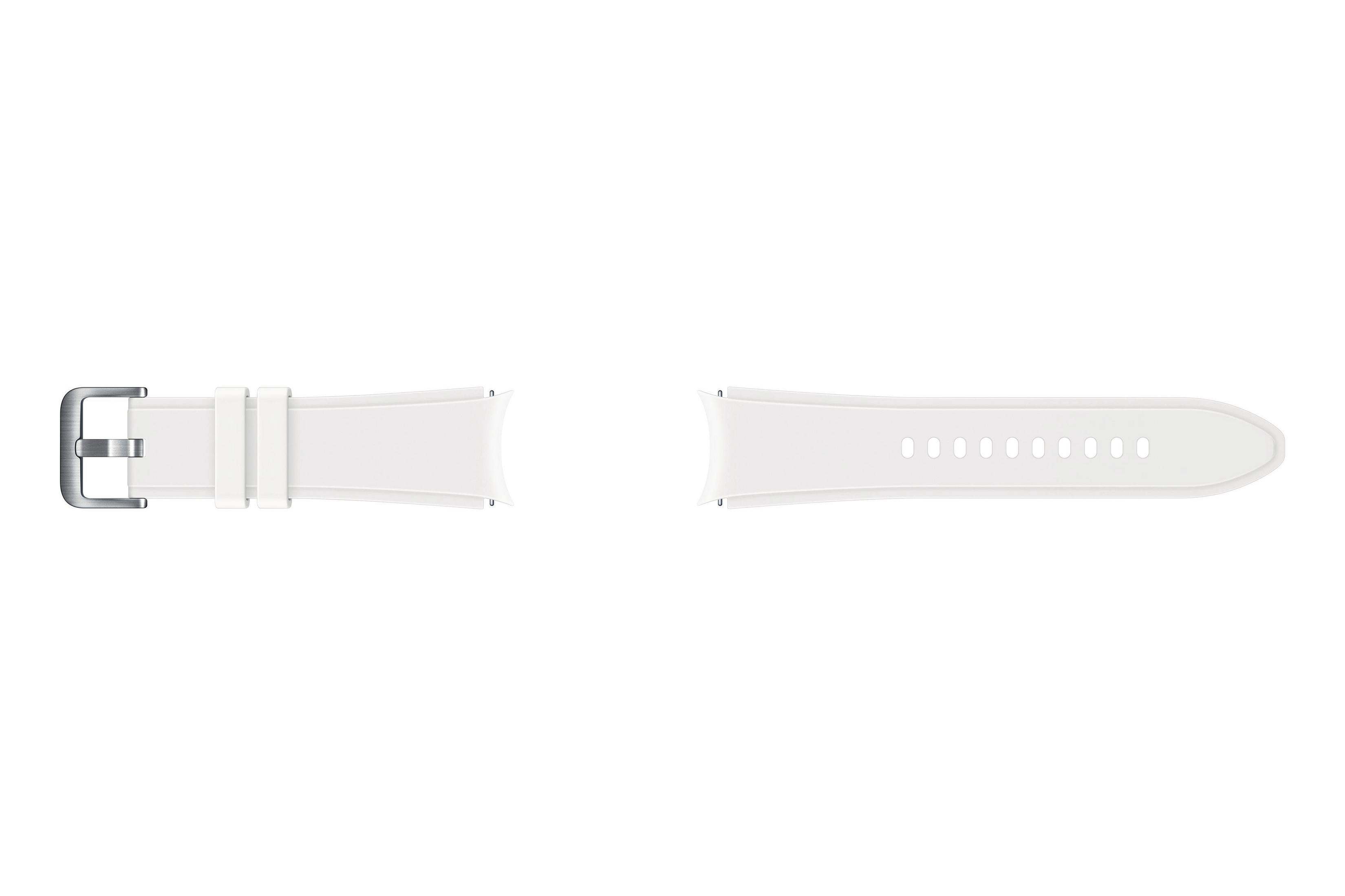 Dos partes de una correa de reloj blanca con hebilla plateada, sobre fondo blanco.
