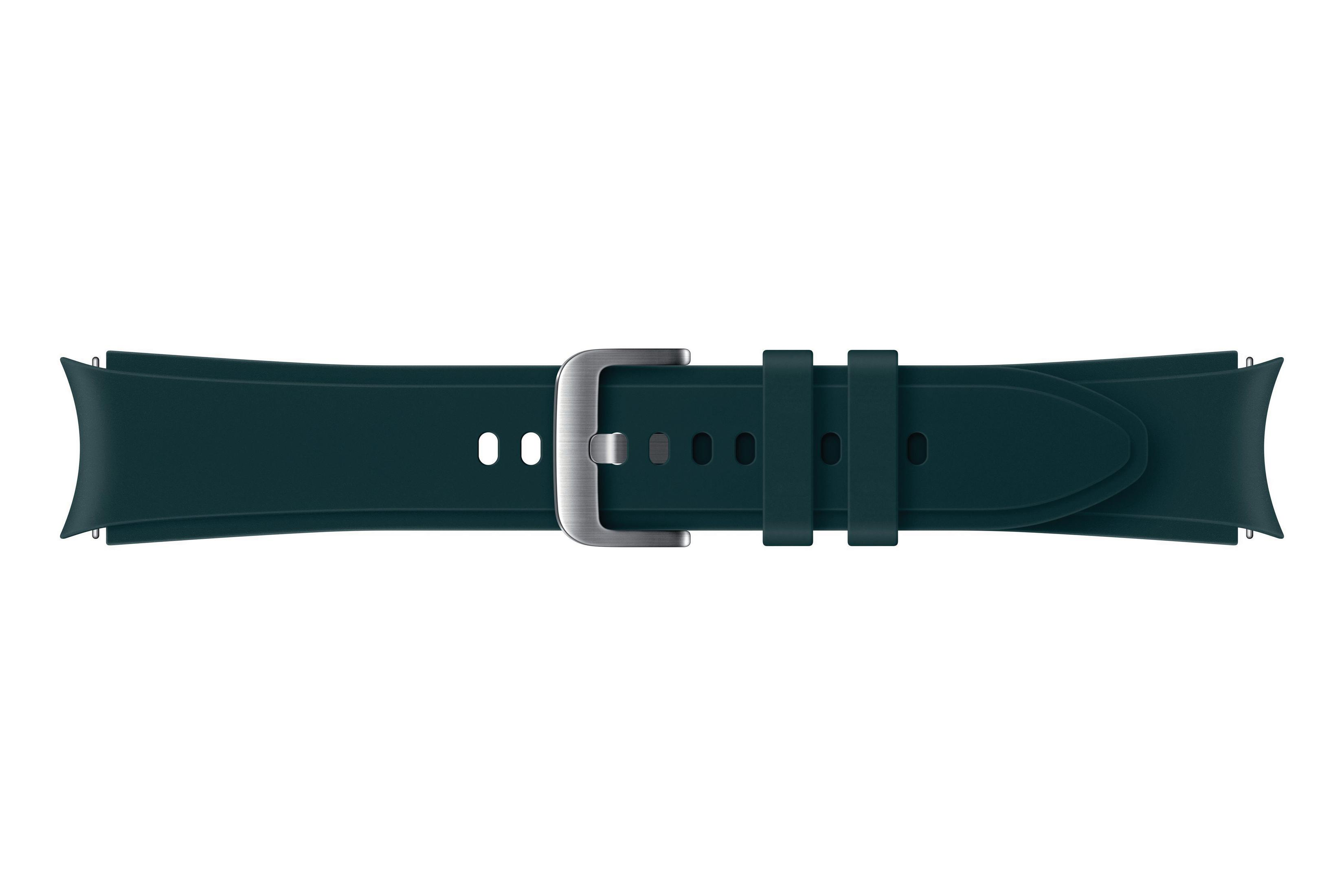 Ein dunkelgrünes Silikon-Armband mit einer silbernen Schnalle. Das Armband befindet sich auf weißem Hintergrund.