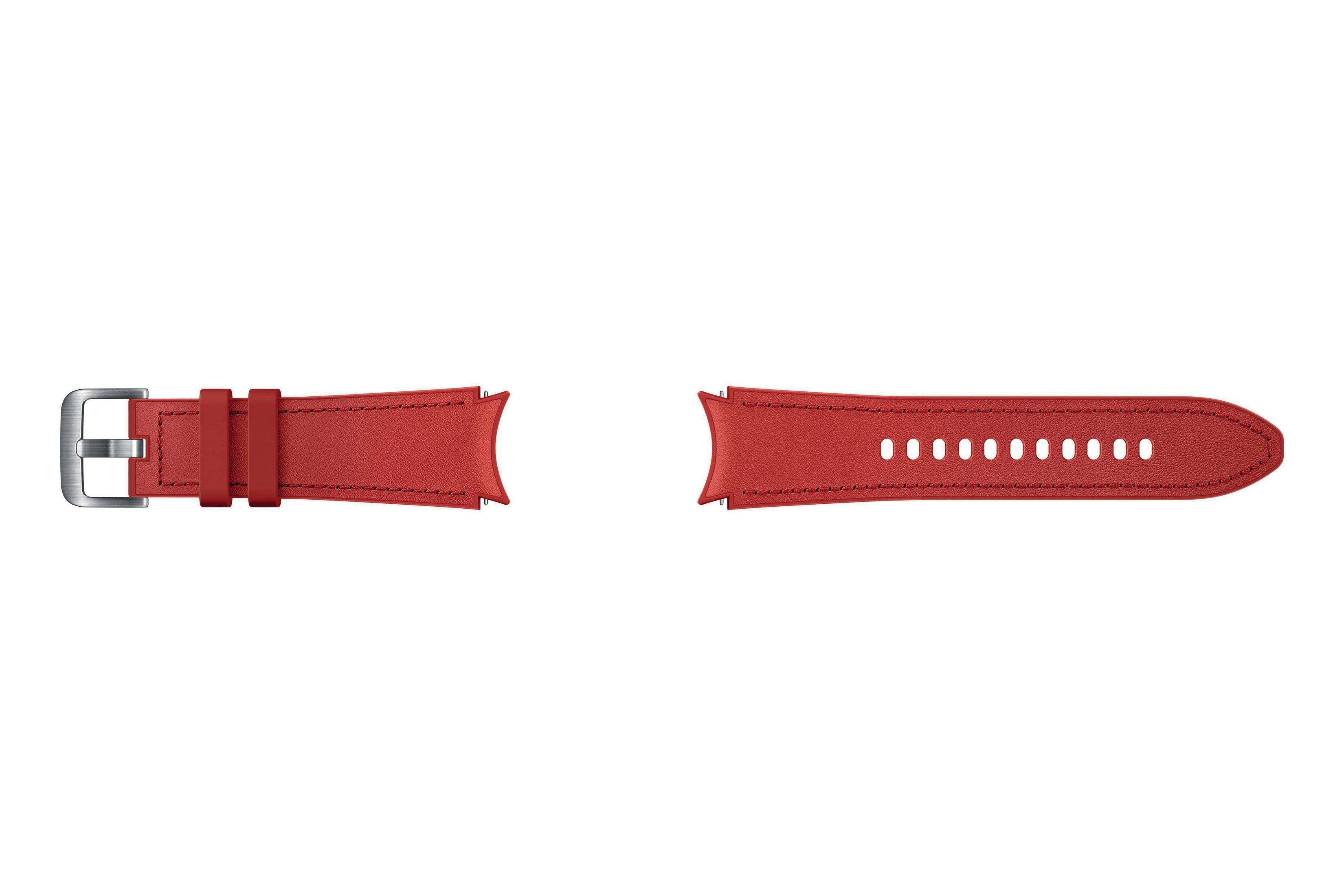 Rotes Uhrenarmband mit Schnalle. Weißer Hintergrund.