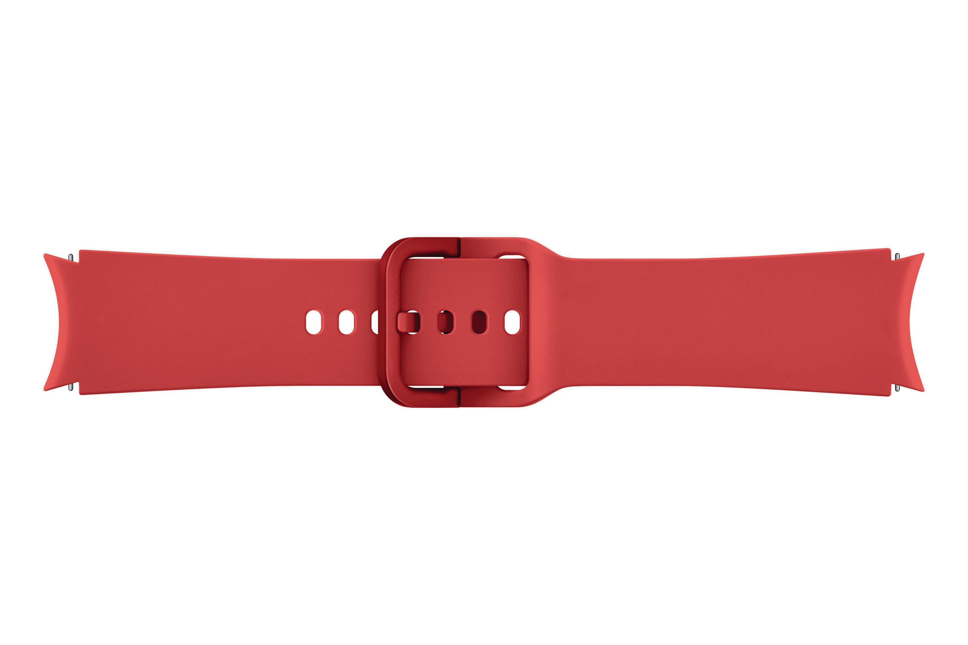 Ein rotes Uhrenarmband mit Schnalle, flach auf einer weißen Oberfläche liegend.