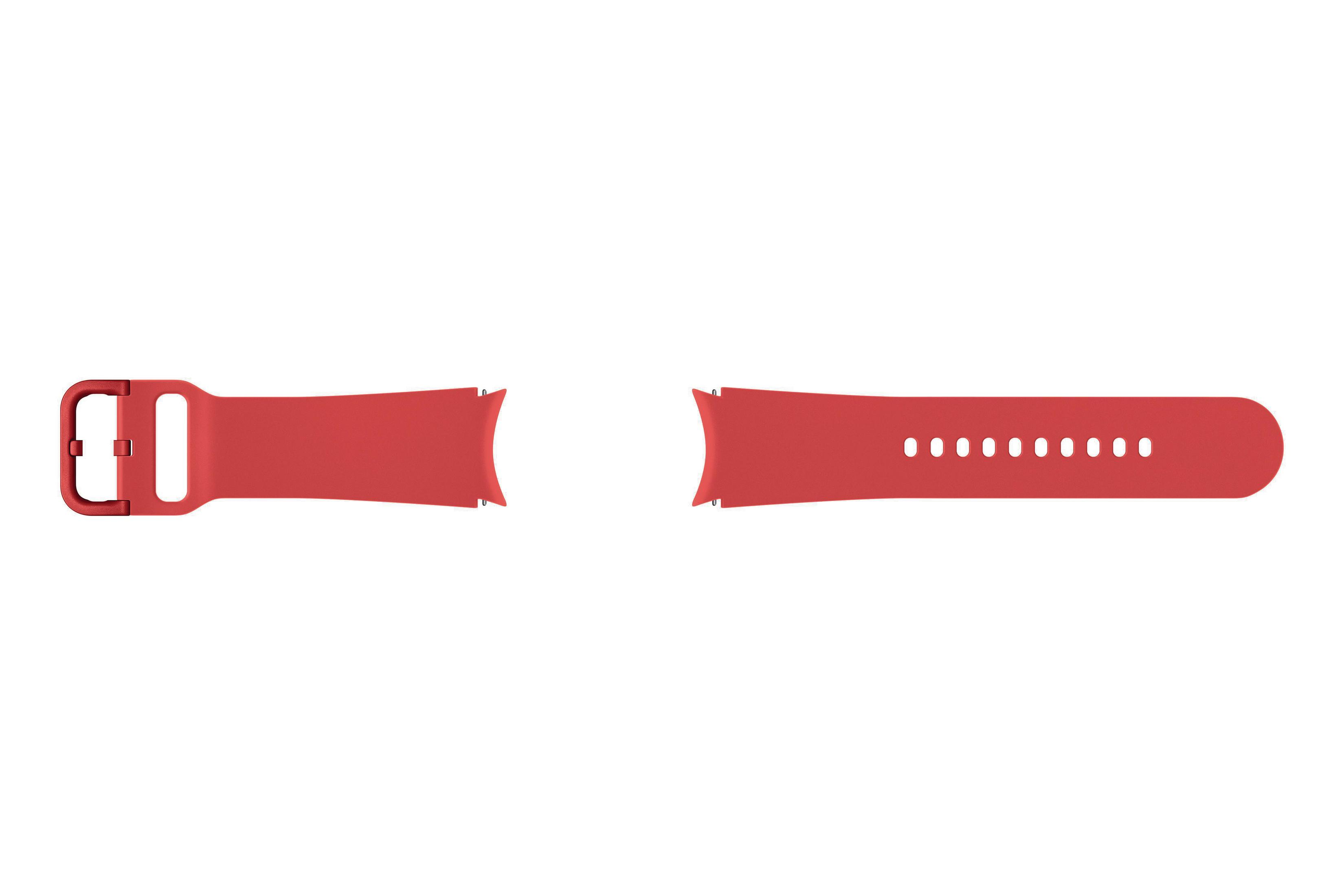 Roter Uhrenarmband, geteilt. Ein Teil hat eine Schnalle, der andere hat Löcher zur Einstellung.