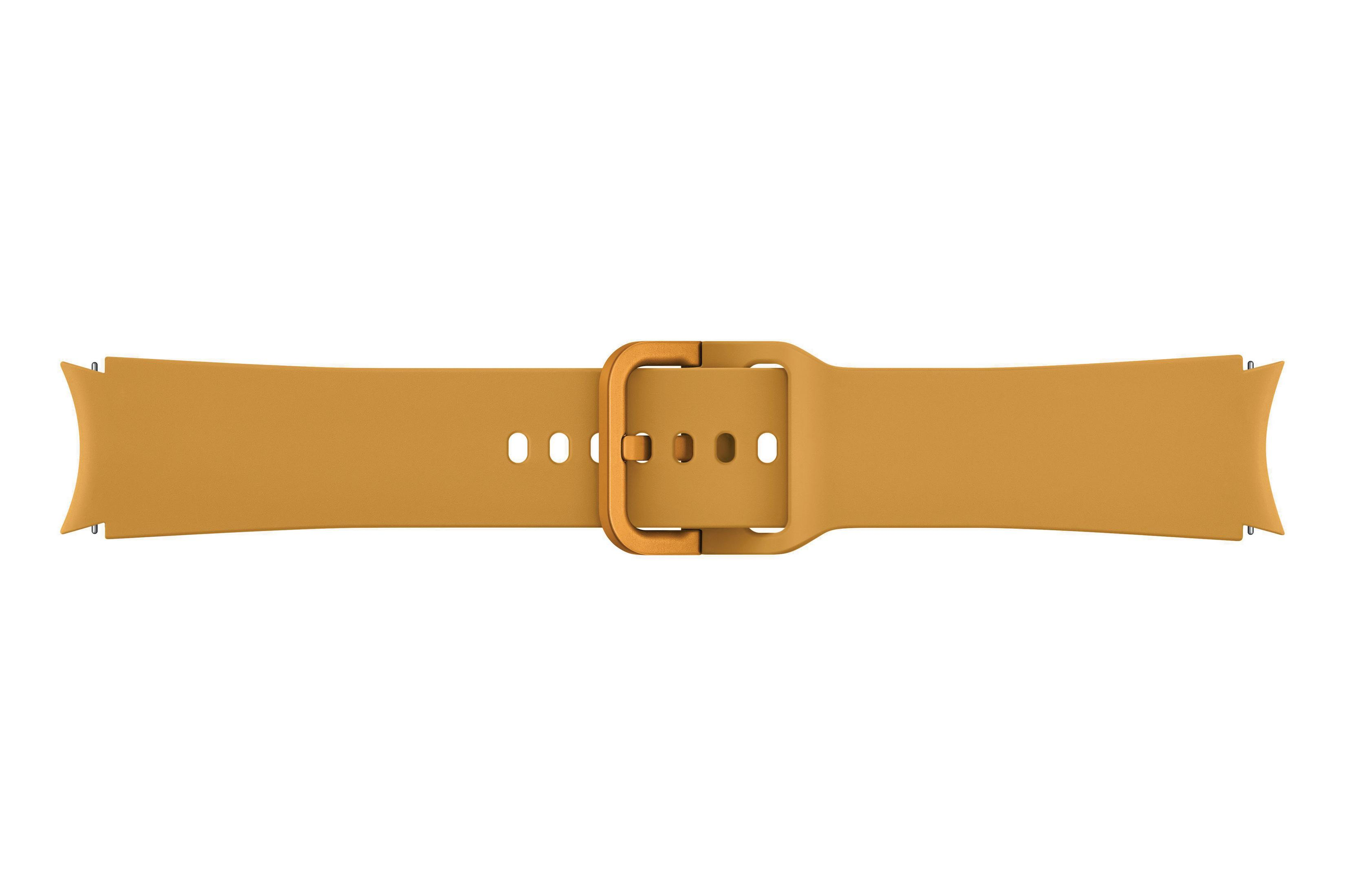 Senfgelbes Uhrenarmband mit Schnalle auf weißem Hintergrund.