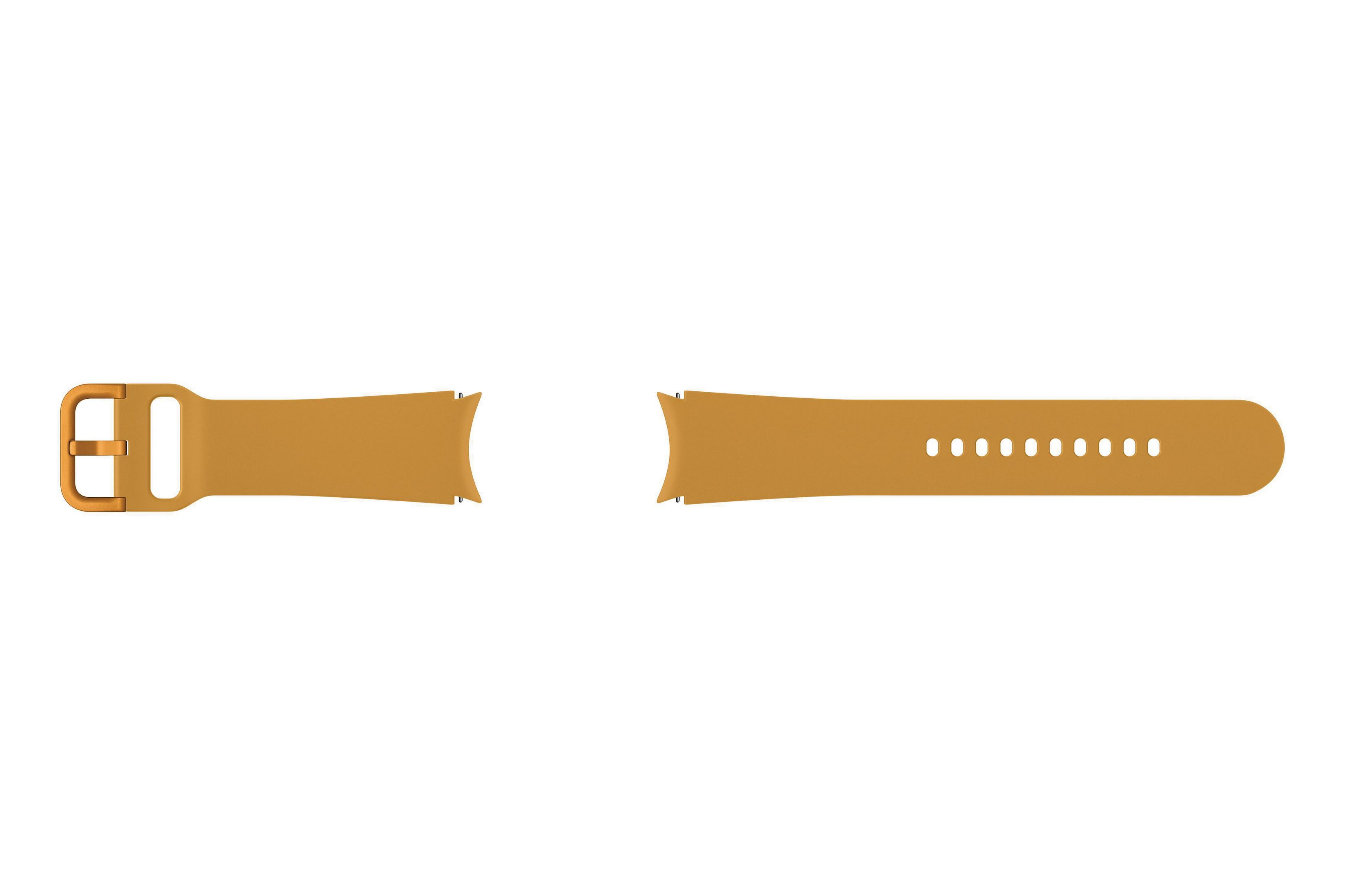 Zwei orangefarbene Uhrenarmbandteile mit einer Schnalle, isoliert auf weißem Hintergrund.