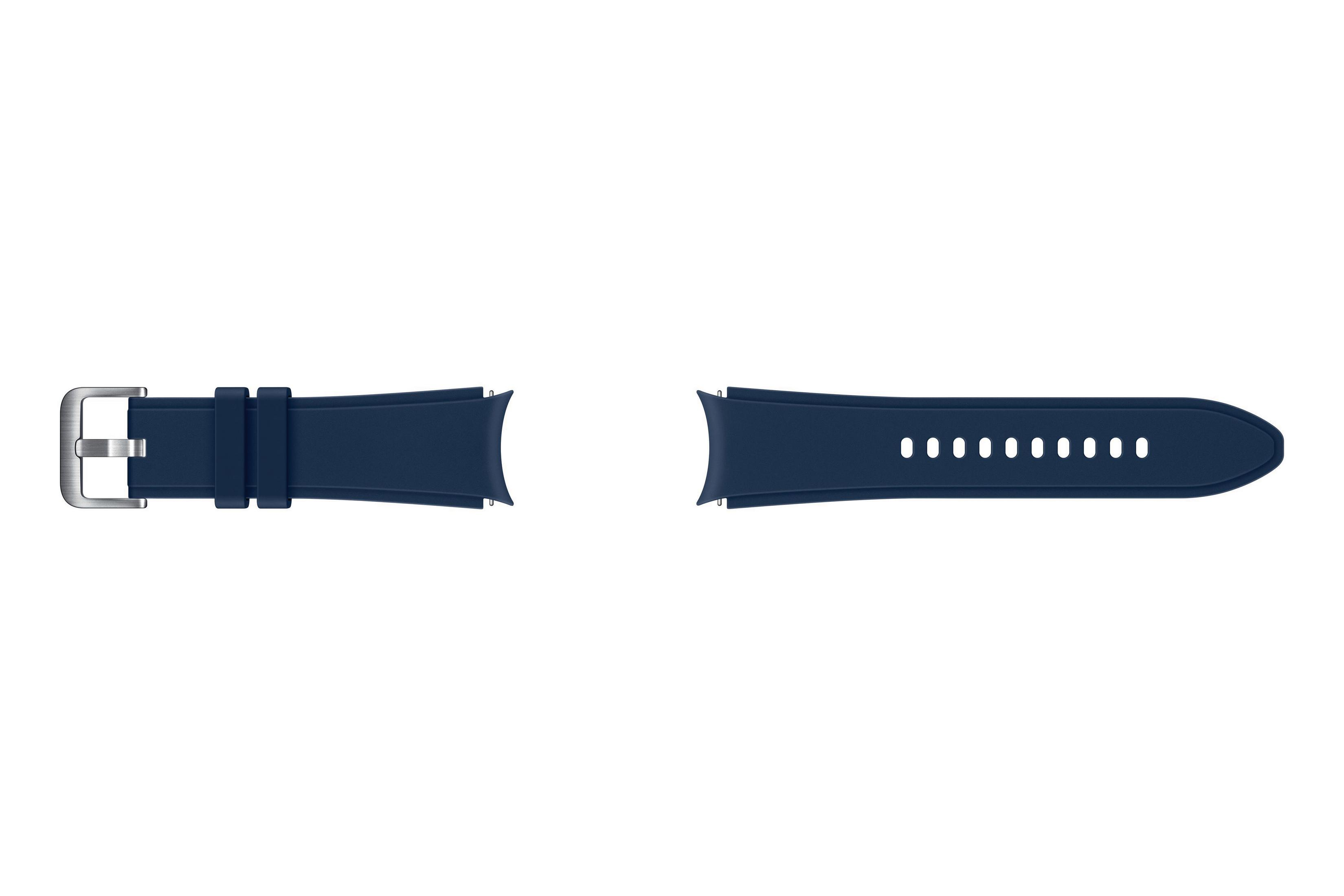 Due parti di un cinturino blu navy, uno con fibbia.