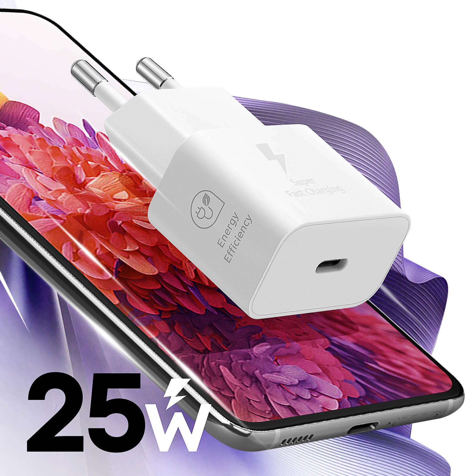 White charger on a phone screen, the screen shows abstract colors, and the text is 25W.