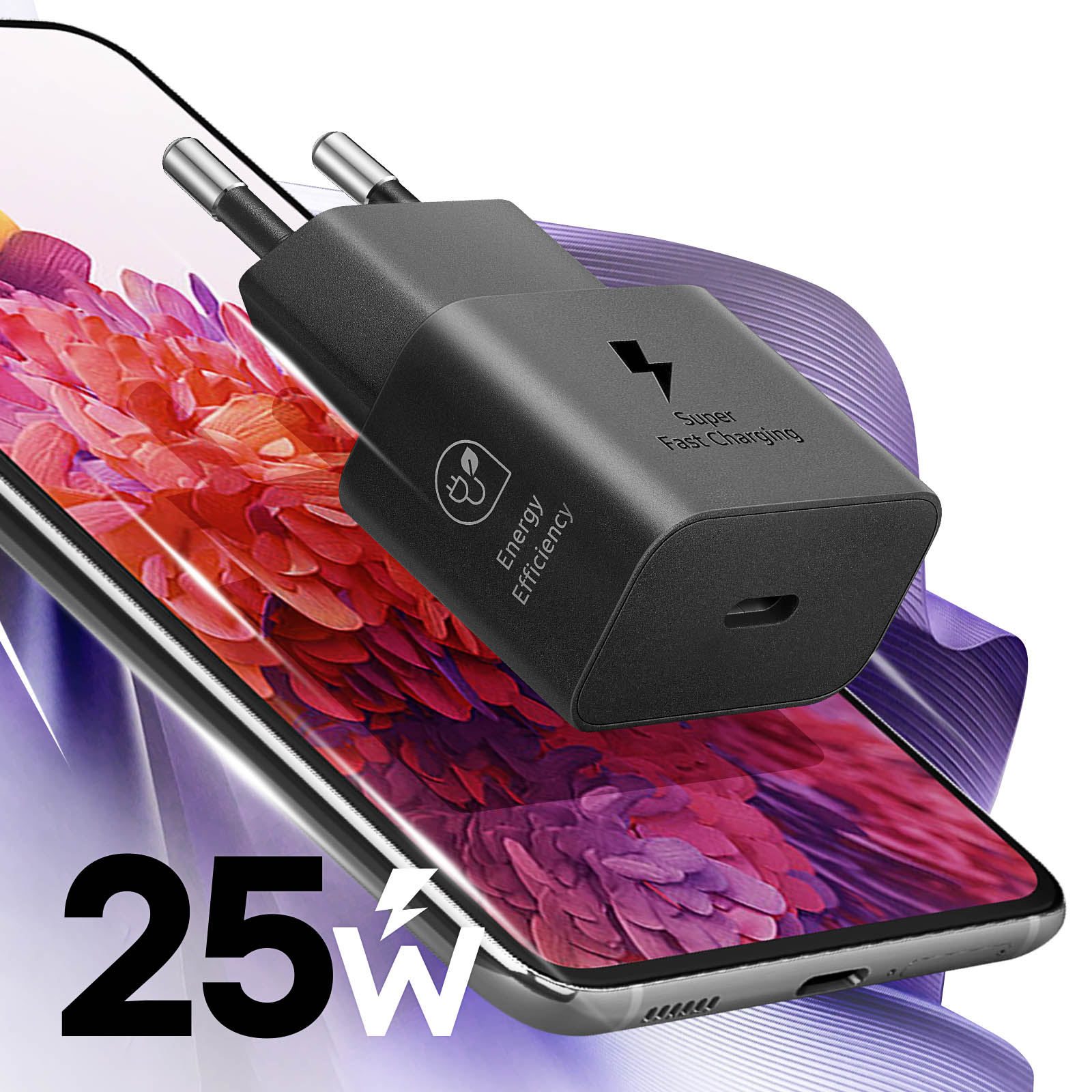 Czarna ładowarka do telefonu z etykietą 25W, podłączona do telefonu.