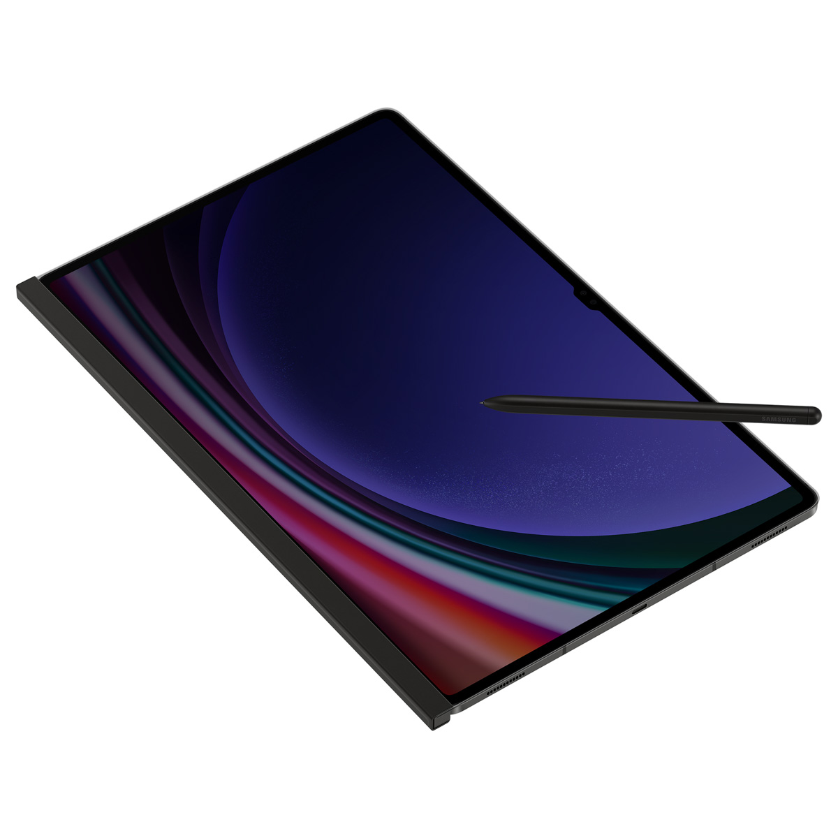 Un tablet con cornice nera e stilo. Lo schermo mostra arte astratta colorata.