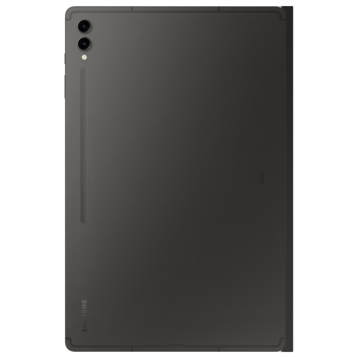 Un tablet grigio scuro, visto da dietro, con due fotocamere e uno stilo.