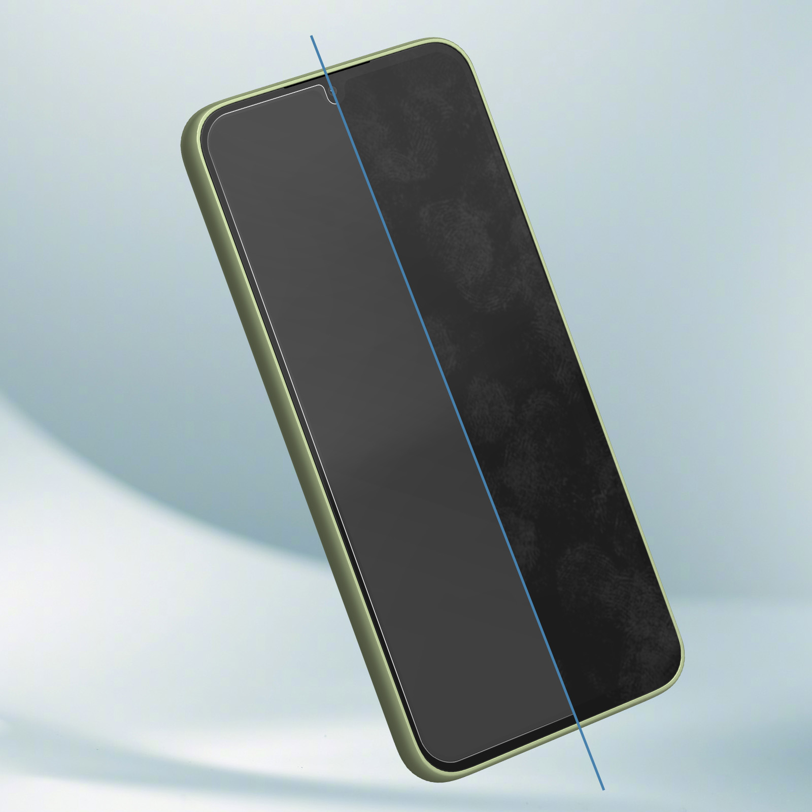 Uno smartphone è visualizzato in diagonale. Lo schermo è nero e presenta impronte digitali. Una linea blu lo attraversa.