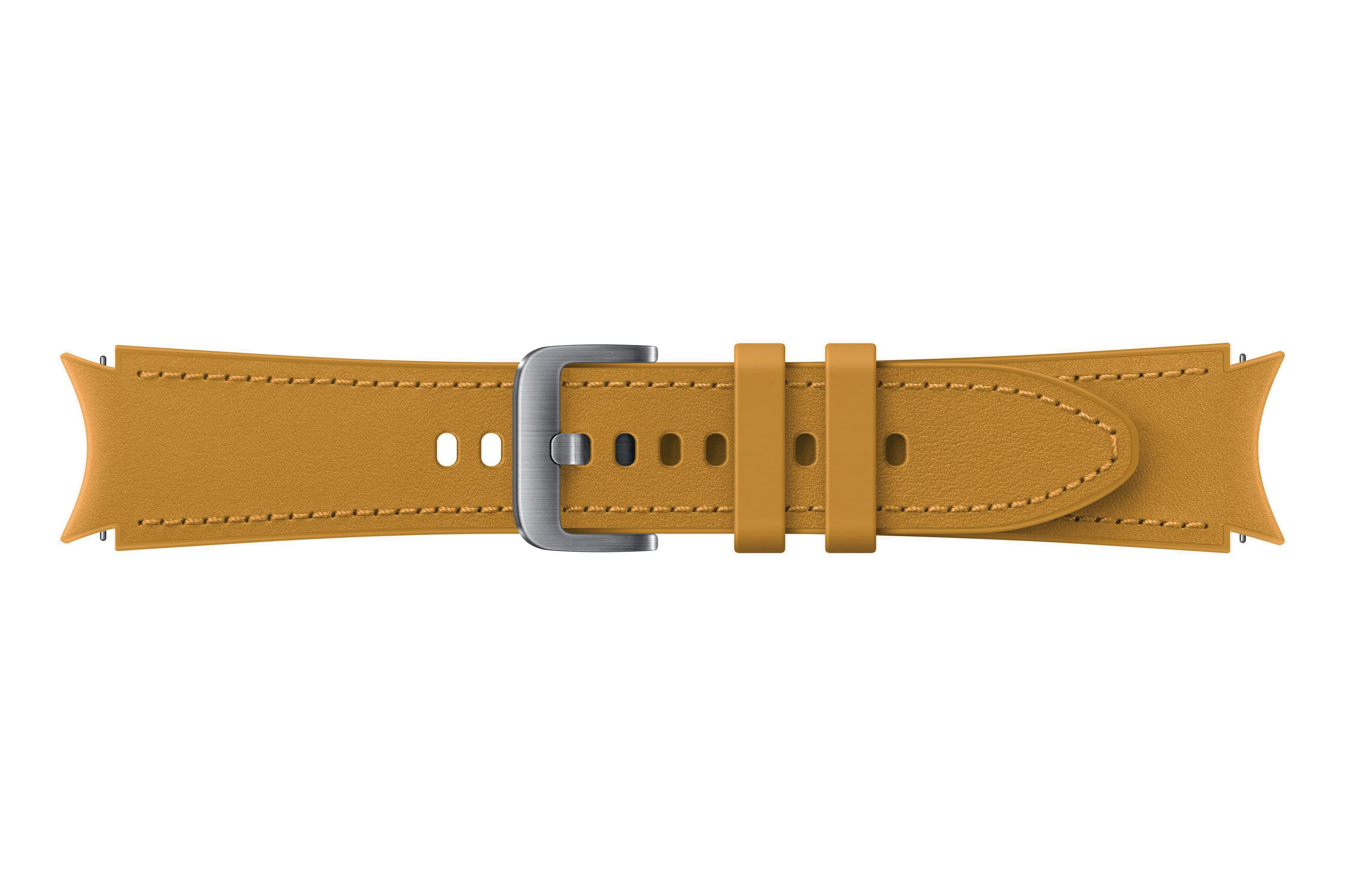 Senfgelbes Leder-Uhrenarmband mit silberner Schnalle.