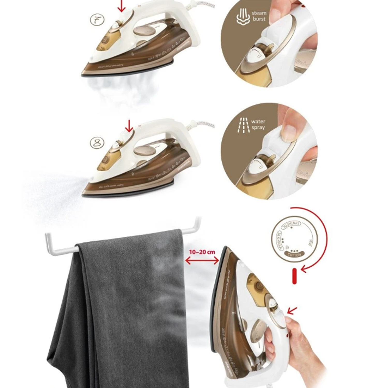 Eine Reihe von Bildern, die ein Bügeleisen und seine Funktionen zeigen. Weiße und braune Details.