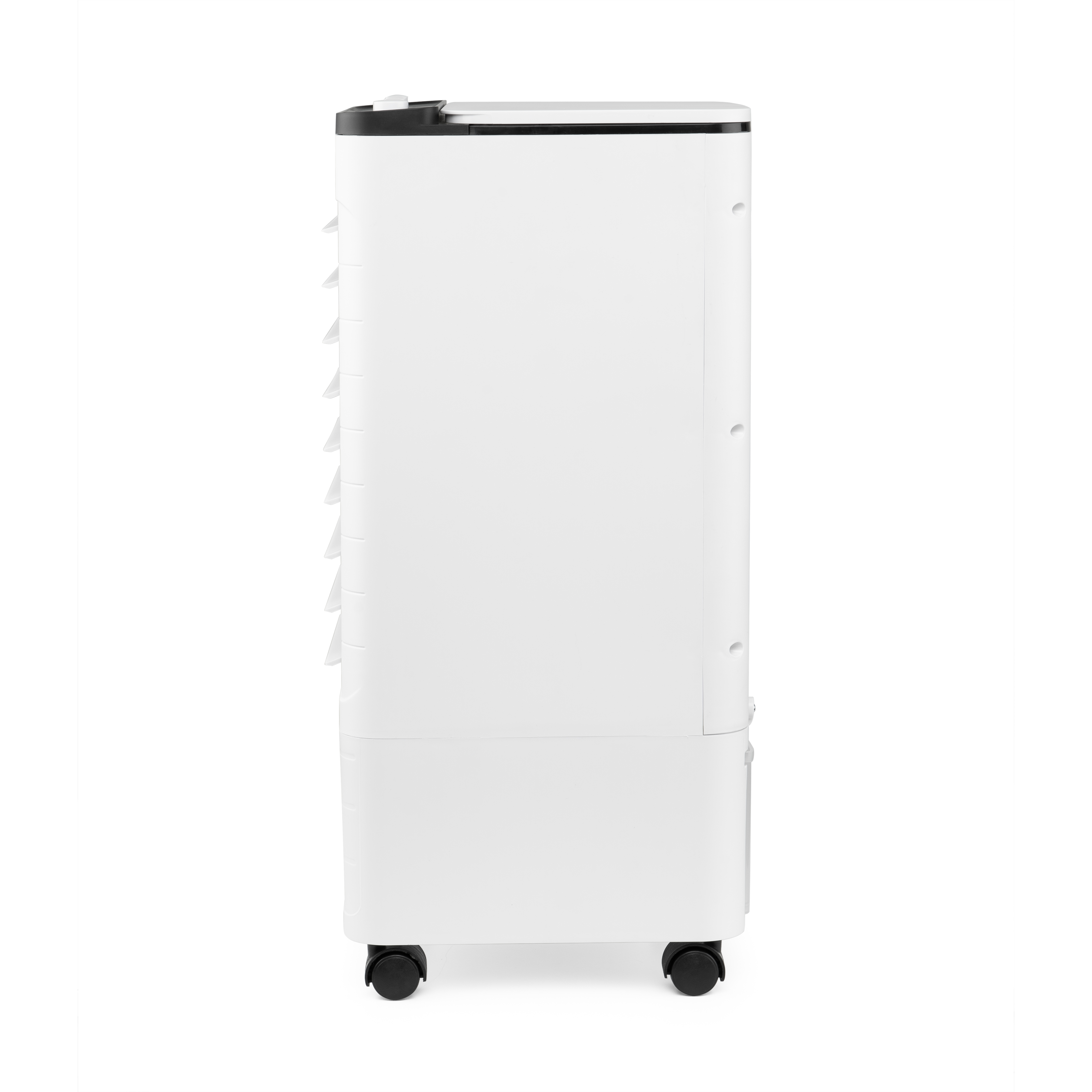 Enfriador de aire blanco. Enfriador de aire blanco alto con ruedas, vista lateral.