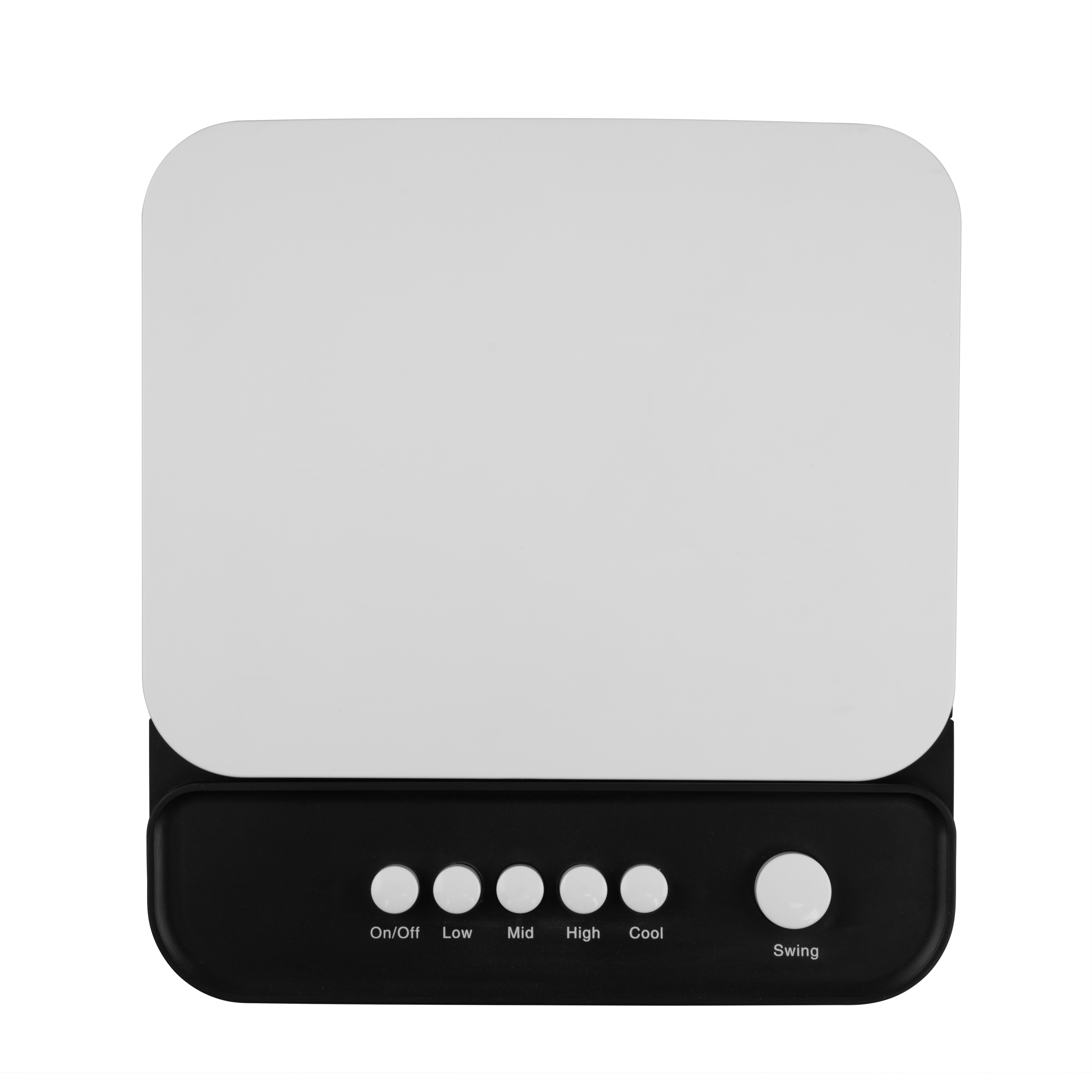Purificador de aire blanco y negro con botones de control.