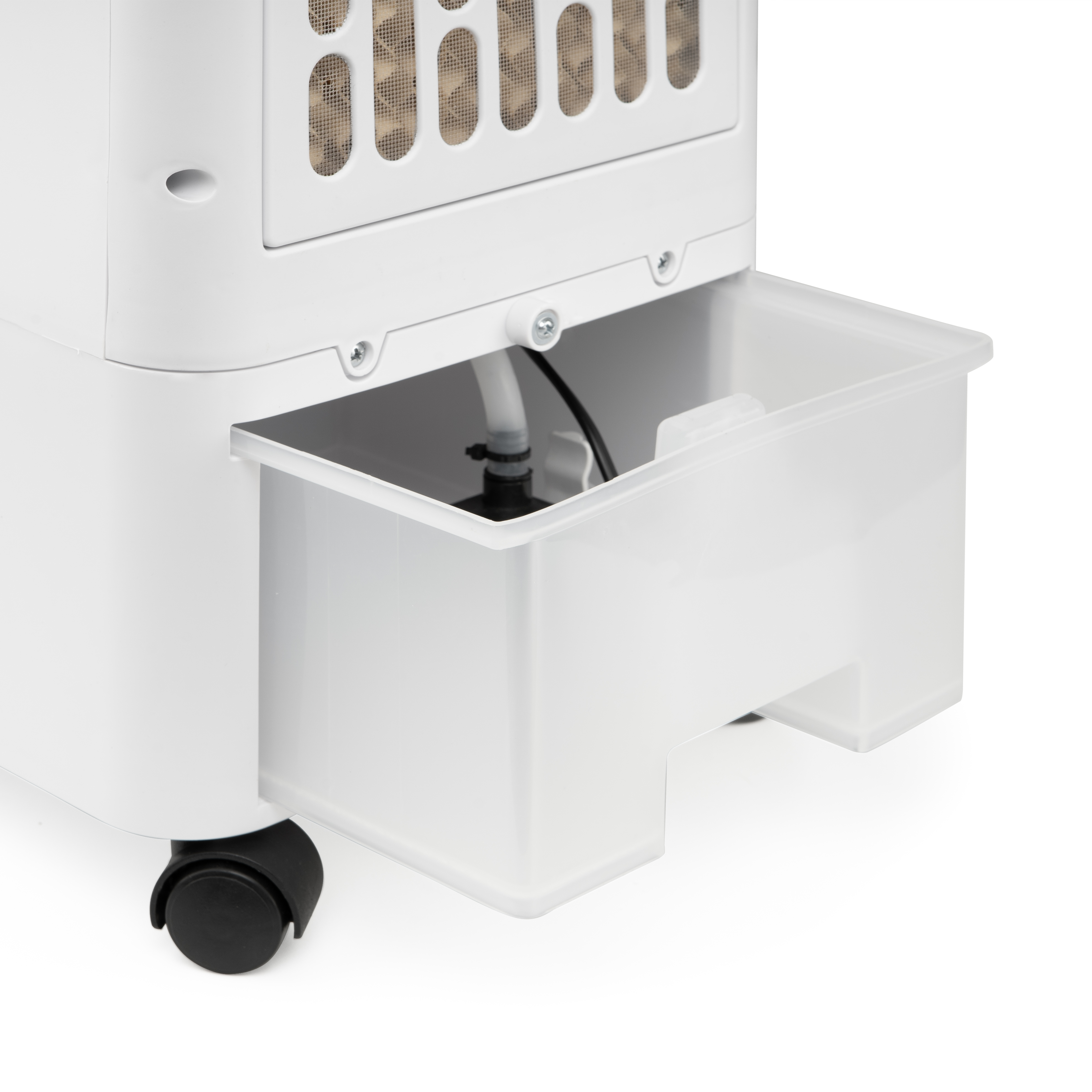 Primer plano de un enfriador de aire blanco con tanque de agua.
