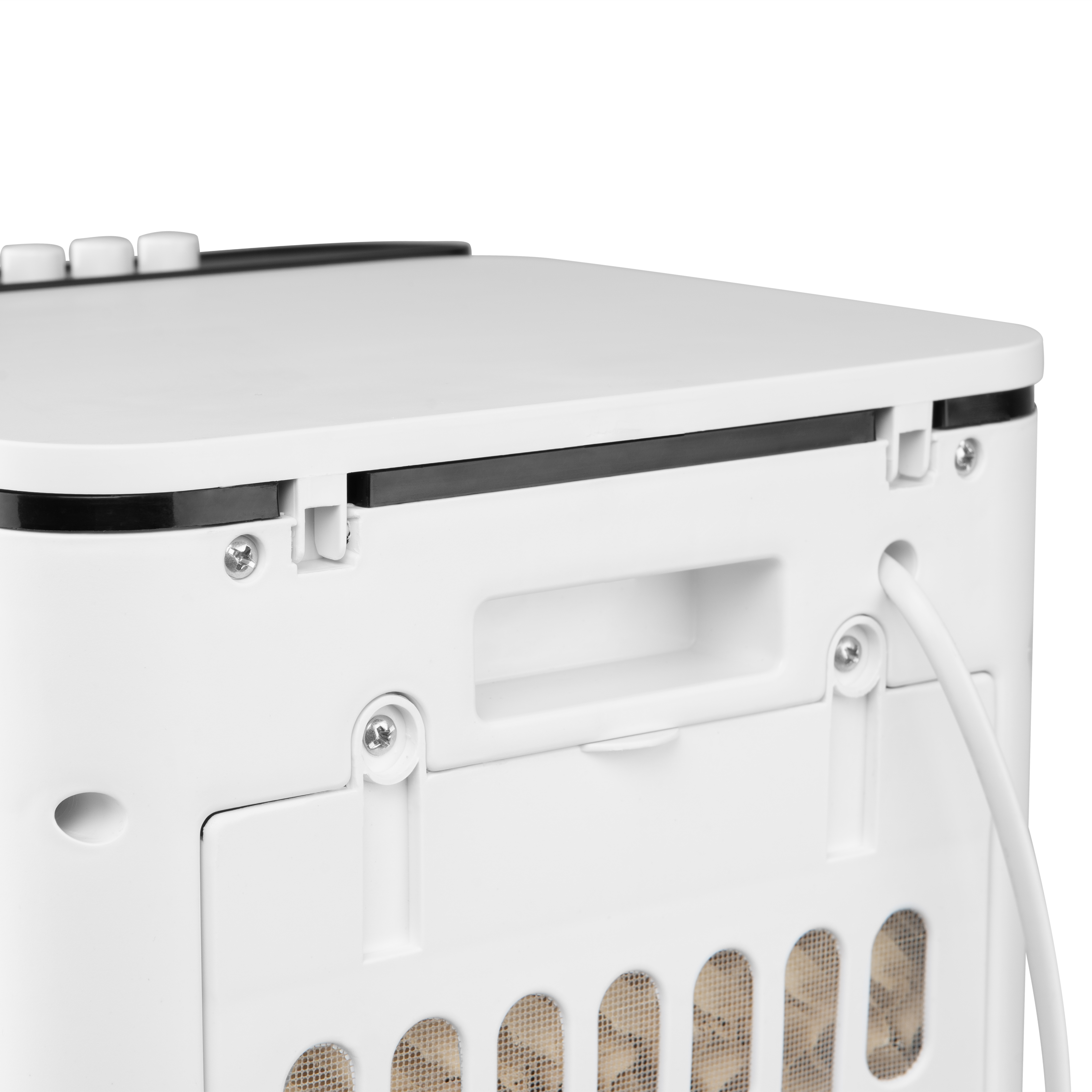 Enfriador de aire blanco, mostrando la parte trasera con asa y ventilación. Cable de alimentación blanco.