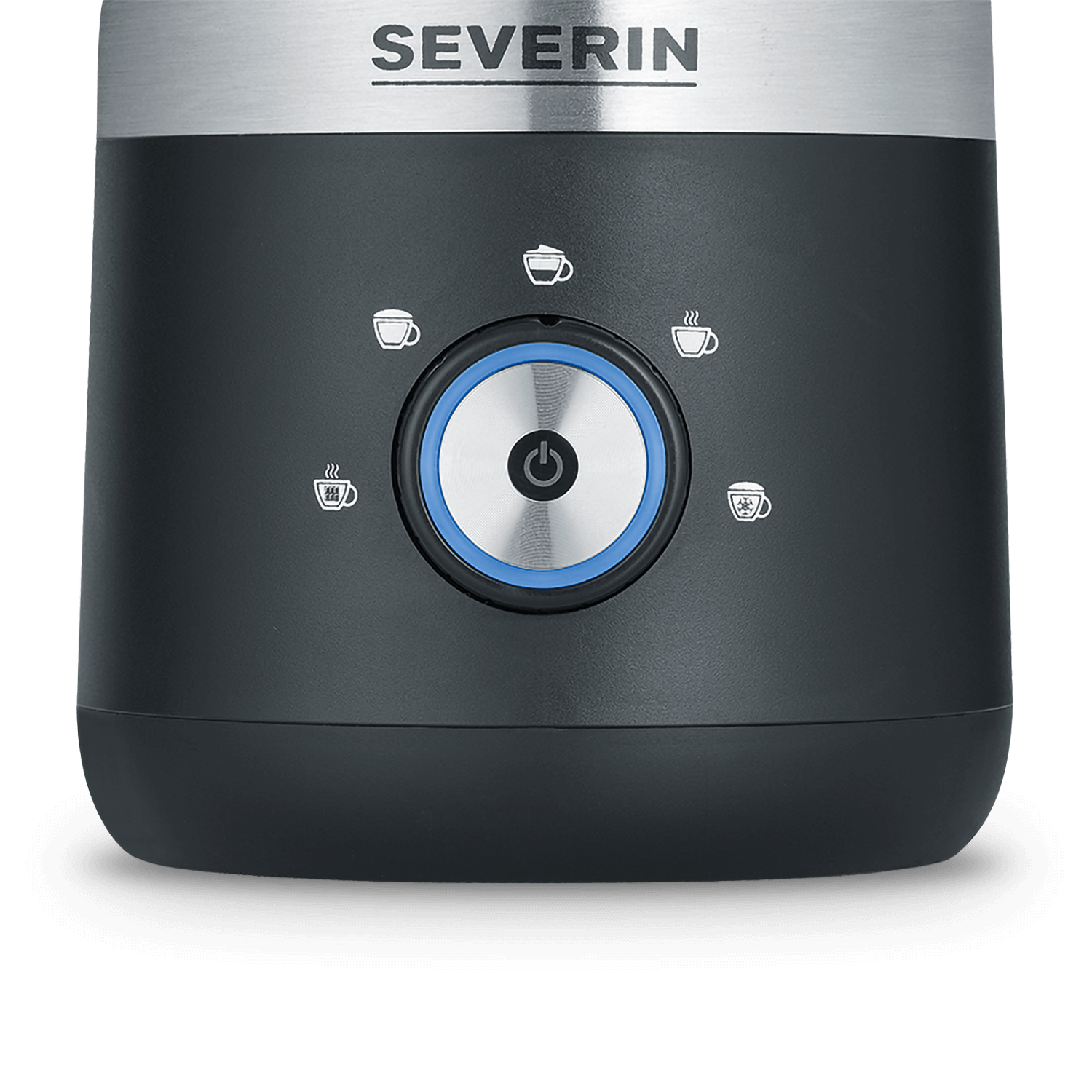 Zbliżenie panelu sterowania ekspresu do kawy. Ma przycisk zasilania i ikony filiżanek do kawy.