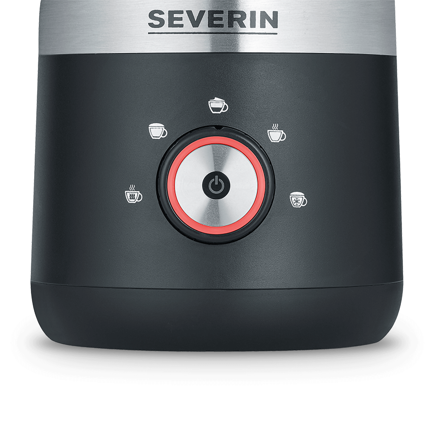 Zbliżenie czarnego ekspresu do kawy z przyciskiem zasilania i ikonami filiżanek.